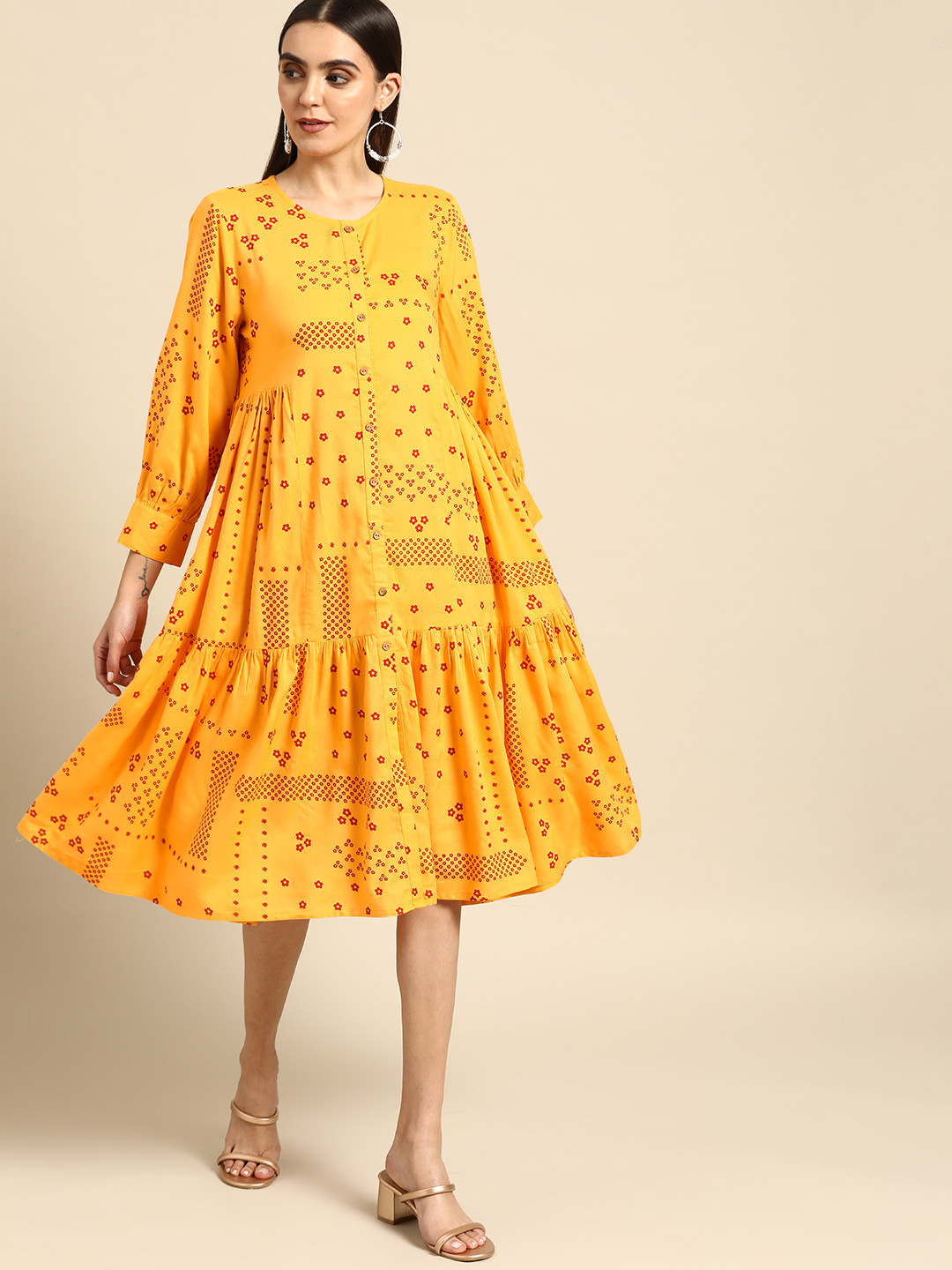 

Anouk Women Mustard Yellow & Maroon Ethnic Motifs A-Line Dress