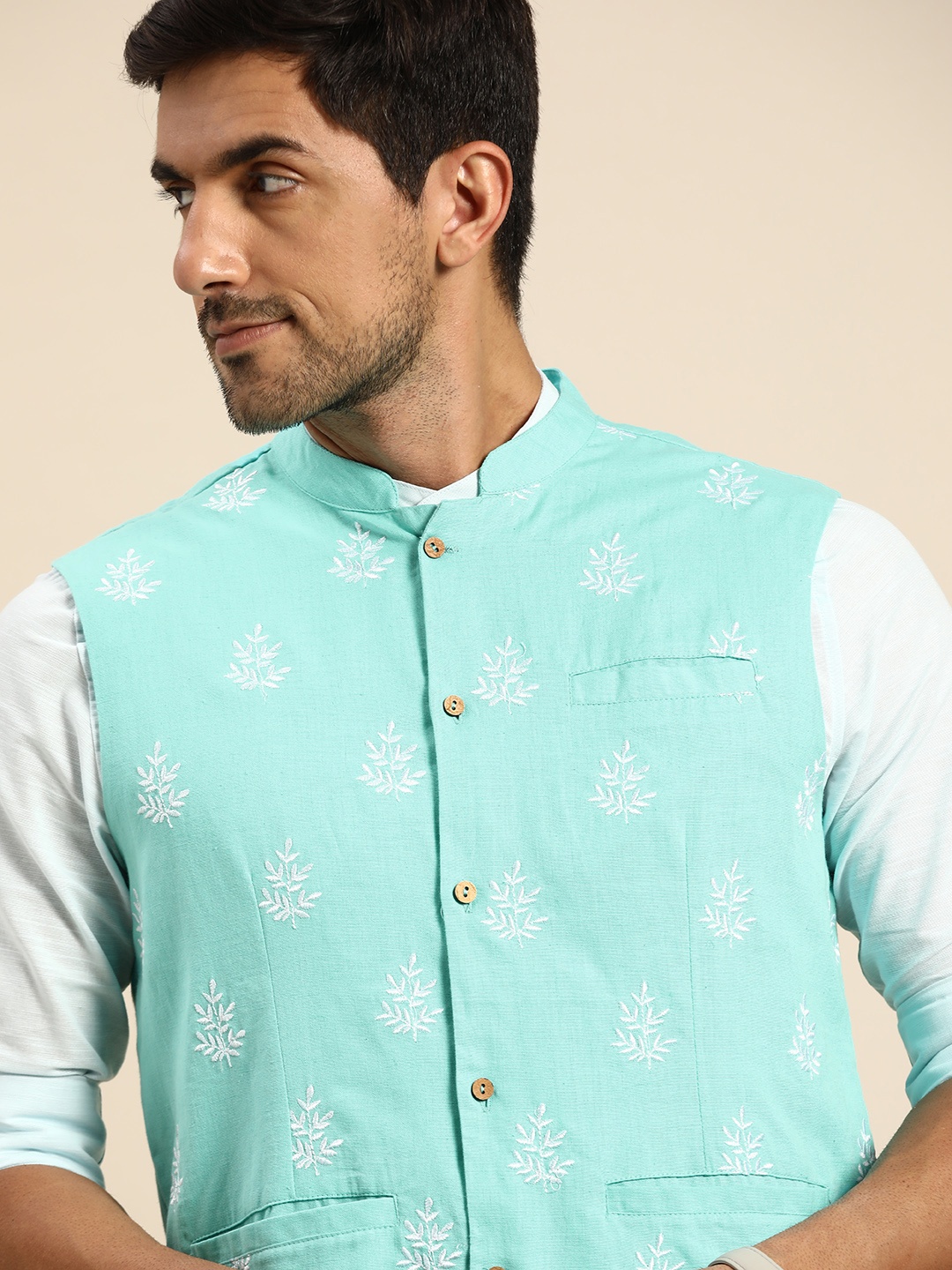 

Anouk x Phool-Bagaan Men Sea Green & White Cotton Linen Embroidered Nehru Jacket