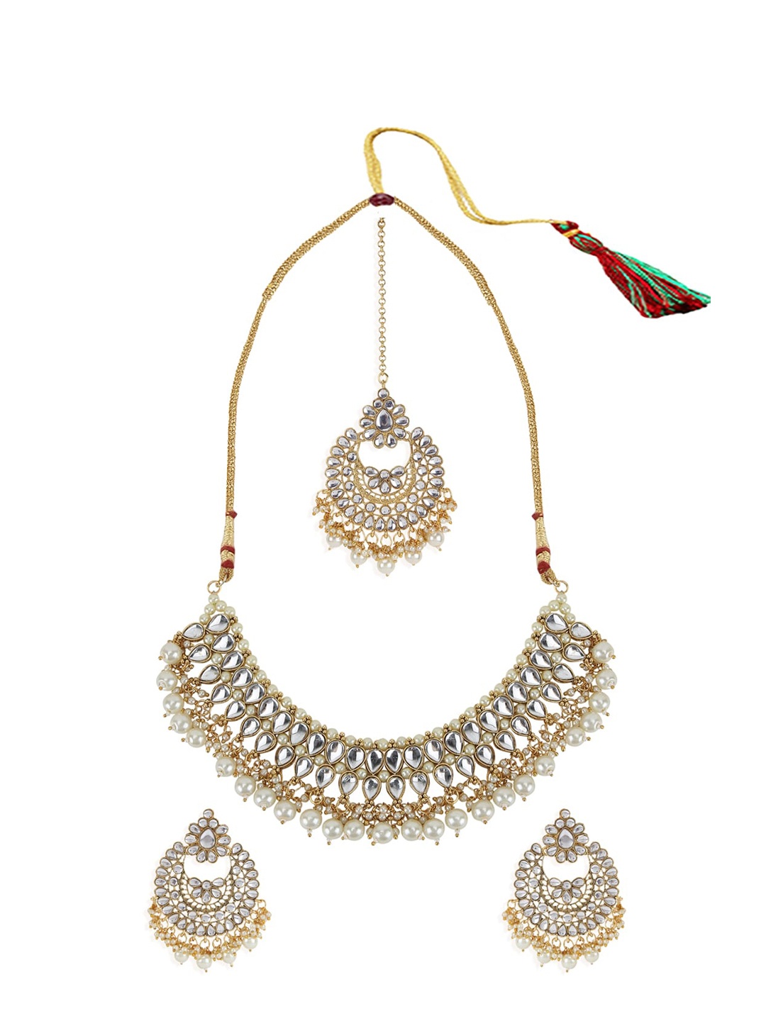 

ANIKAS CREATION Gold-Plated White Stone-Studded & Beaded Jewellery Set