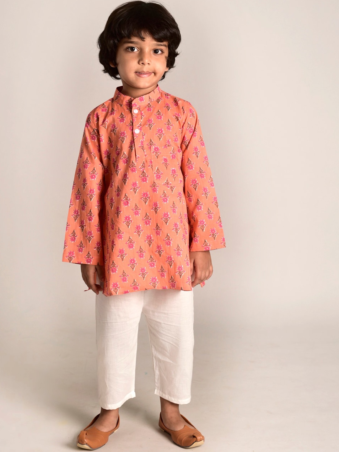 

CUTE LEMONS Boys Orange Printed Regular Pure Cotton Kurta with Trousers