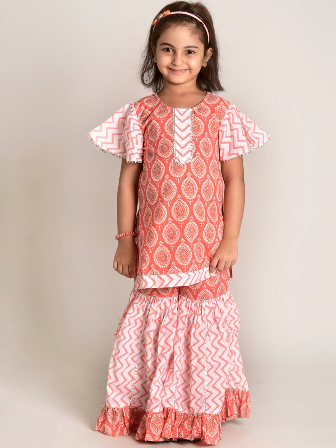 

CUTE LEMONS Girls Orange Printed Regular Pure Cotton Kurti with Sharara