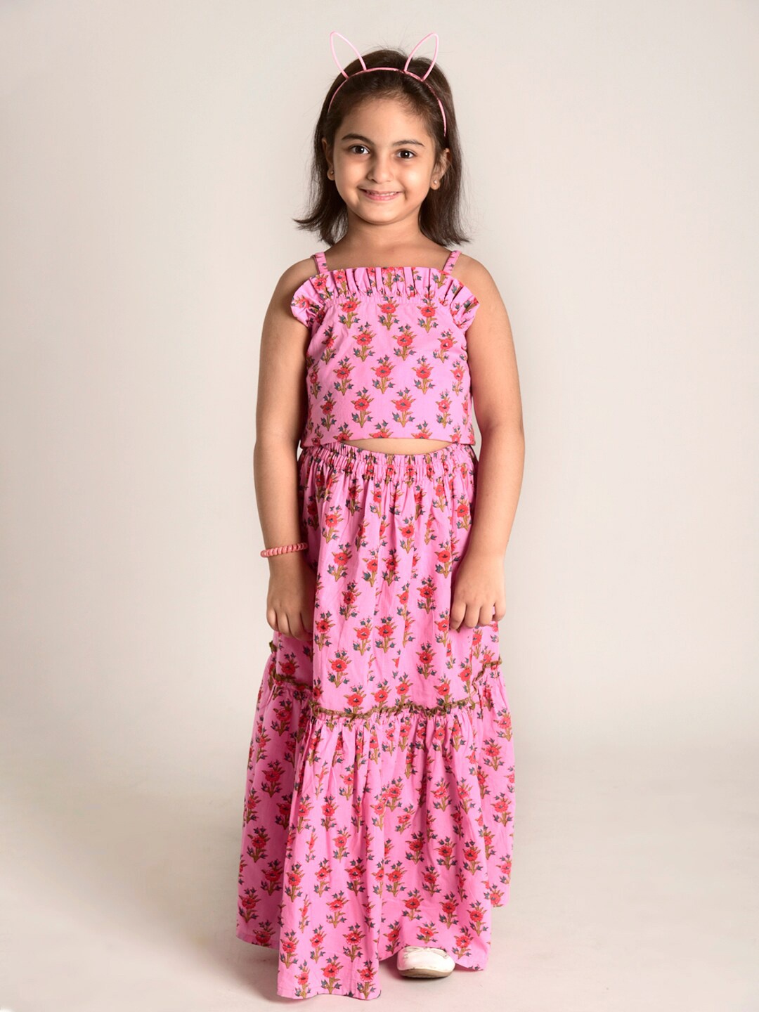 

CUTE LEMONS Girls Pink & Blue Pure Cotton Printed Top with Skirt