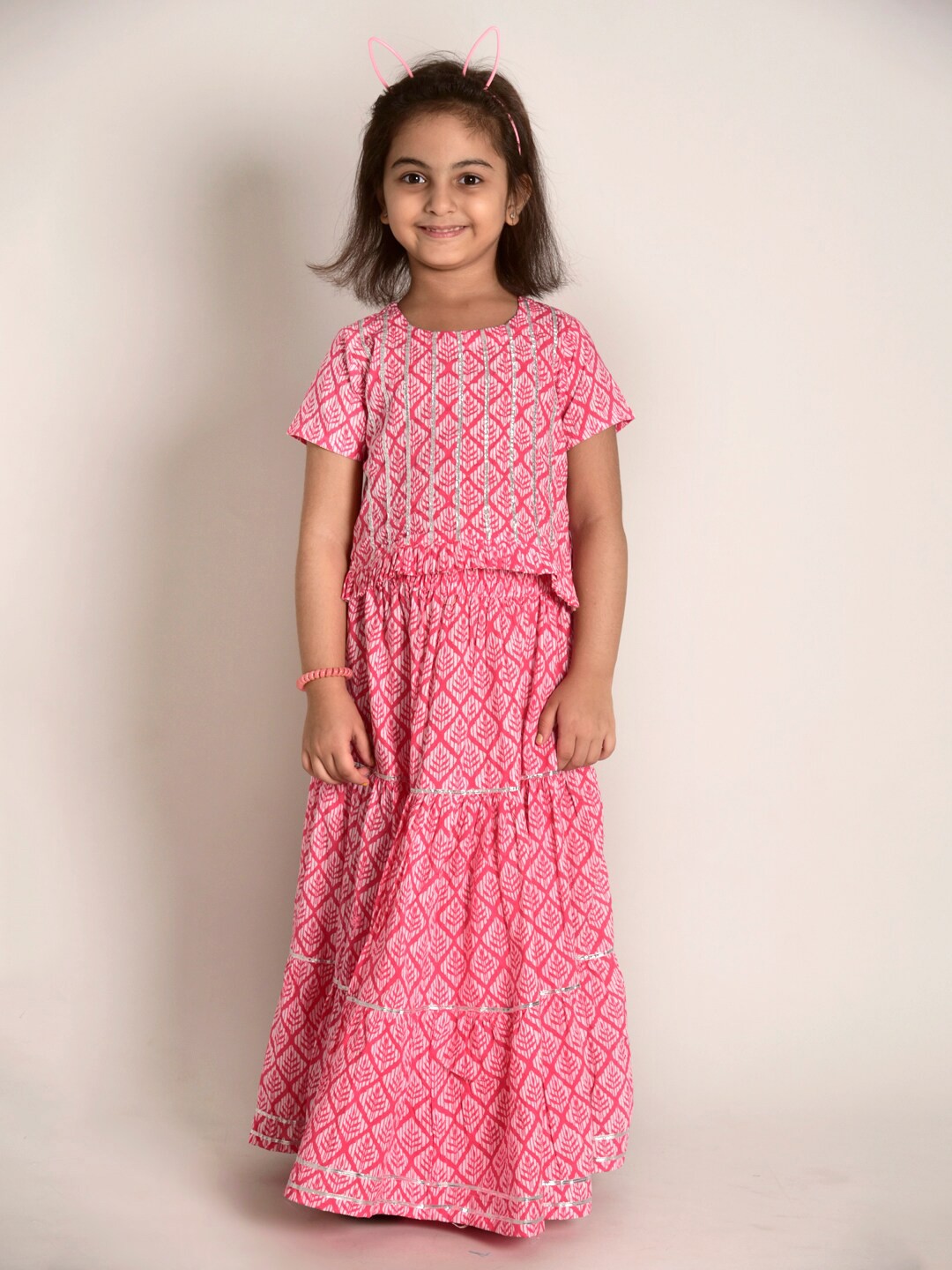 

CUTE LEMONS Girls Pink Pure Cotton Printed Top with Skirt
