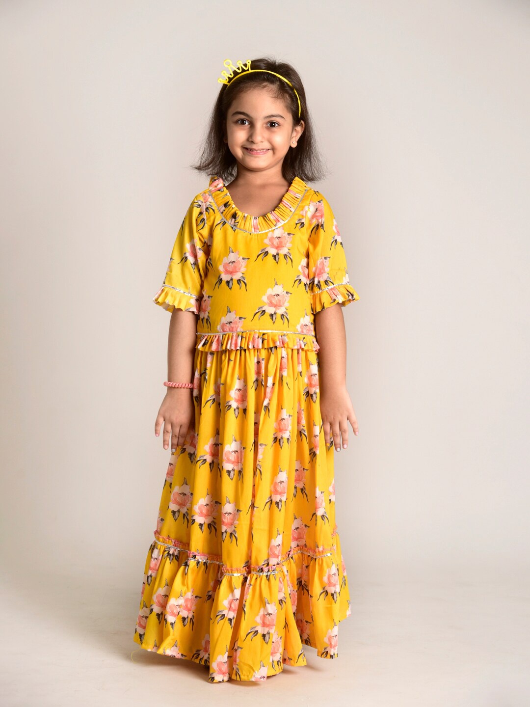 

CUTE LEMONS Girls Yellow & Pink Pure Silk Printed Top with Skirt