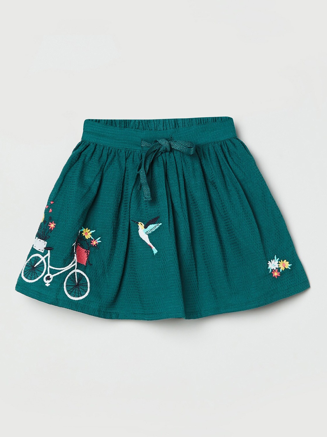 

max Girls Teal-Green Embroidered Pure Cotton Flared Above Knee-Length Skirt