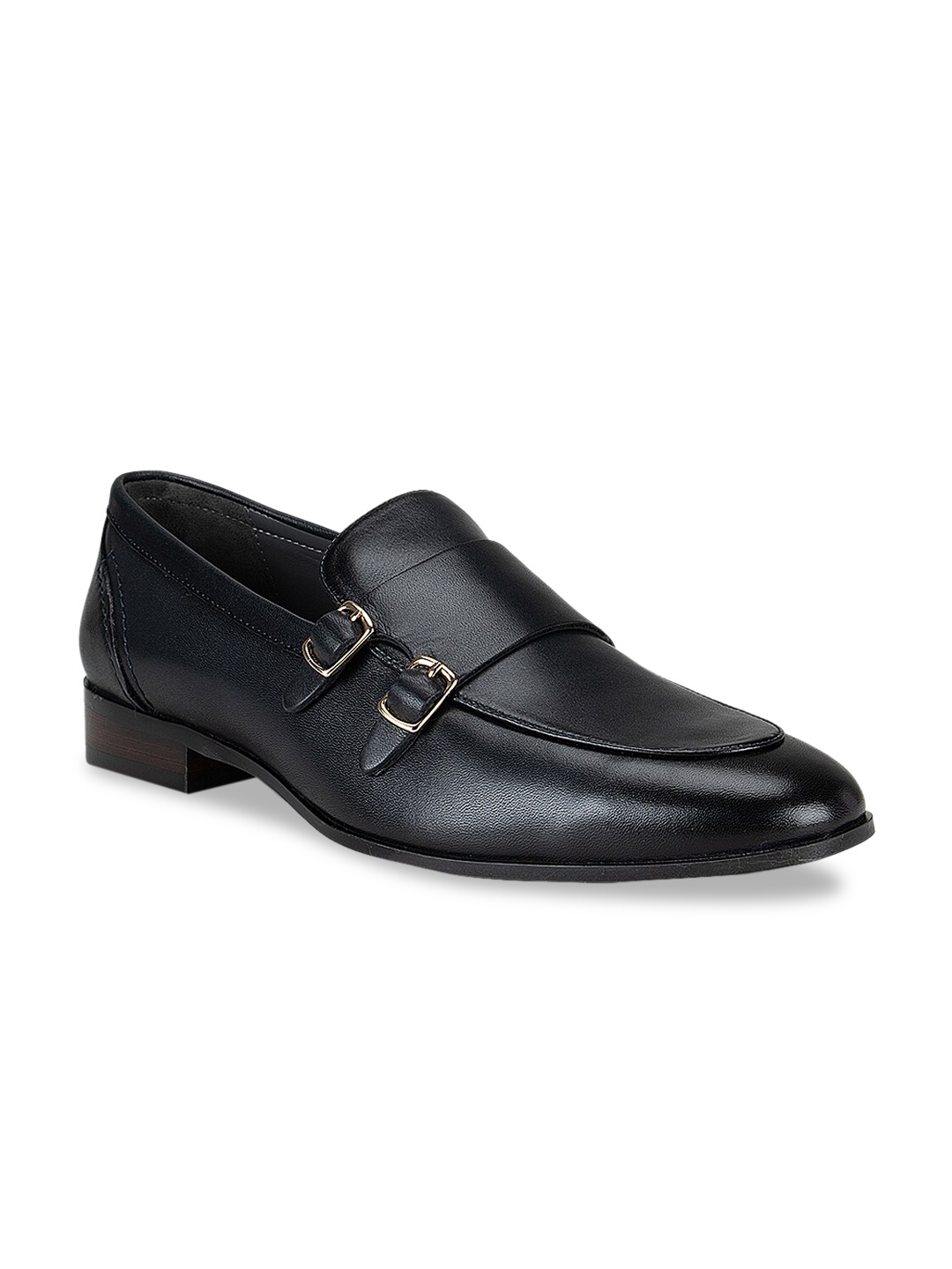 

ROSSO BRUNELLO Men Navy Blue Solid Leather Formal Monk Shoes