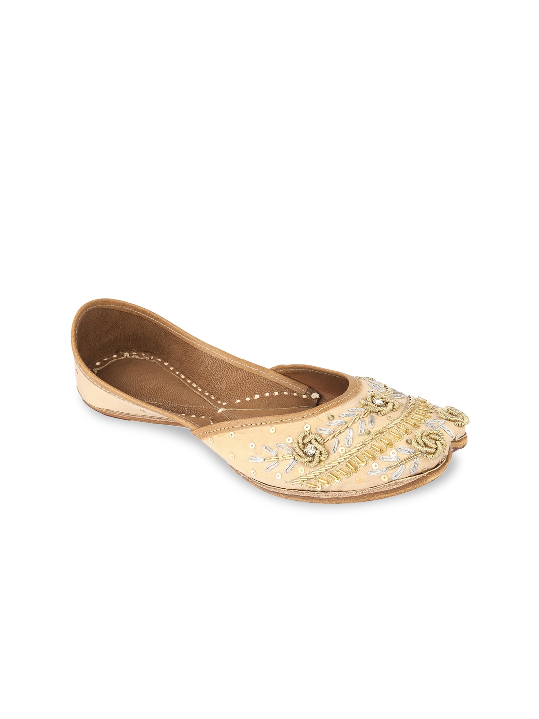 

DESI COLOUR Women Gold-Toned Embellished Leather Ethnic Mojaris Flats