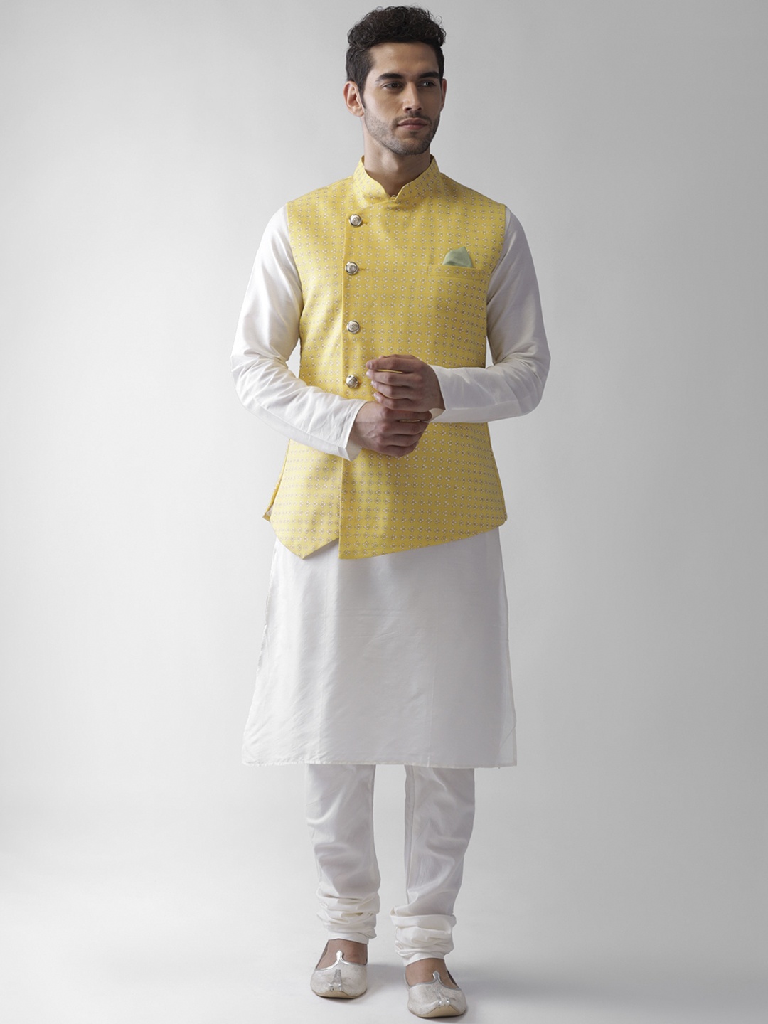 

KISAH Men Yellow & White Regular Kurta with Churidar