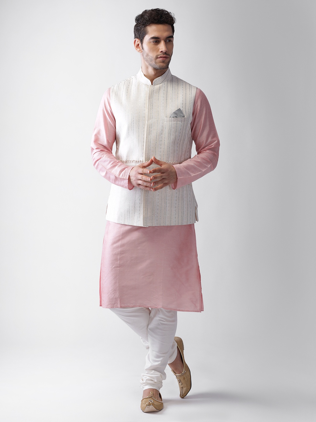 

KISAH Men Regular Fit Printed Kurta Jacket Churidar Set, White