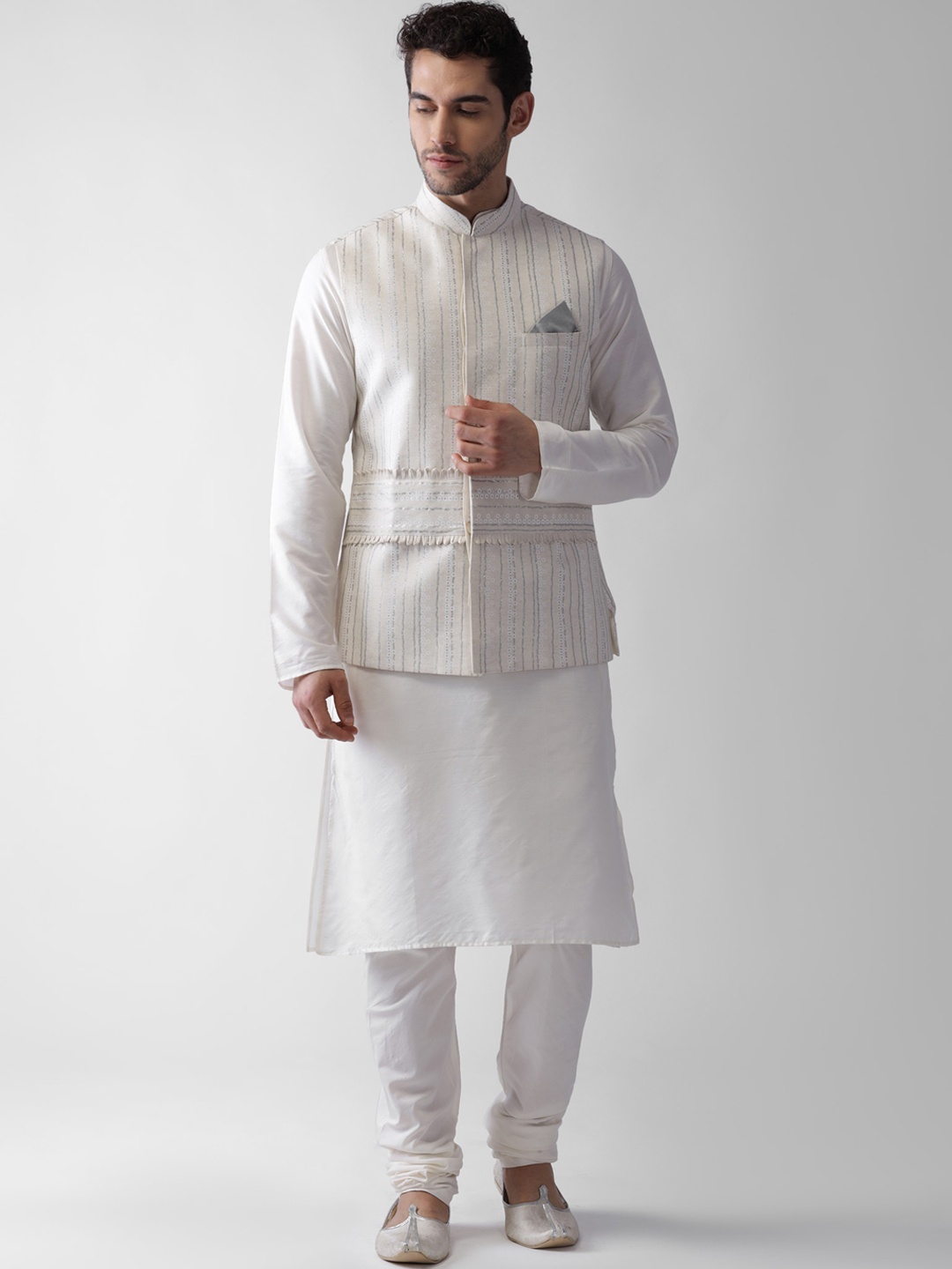 

KISAH Men Geometric Printed Regular Fit Kurta Jacket Churidar Set, White