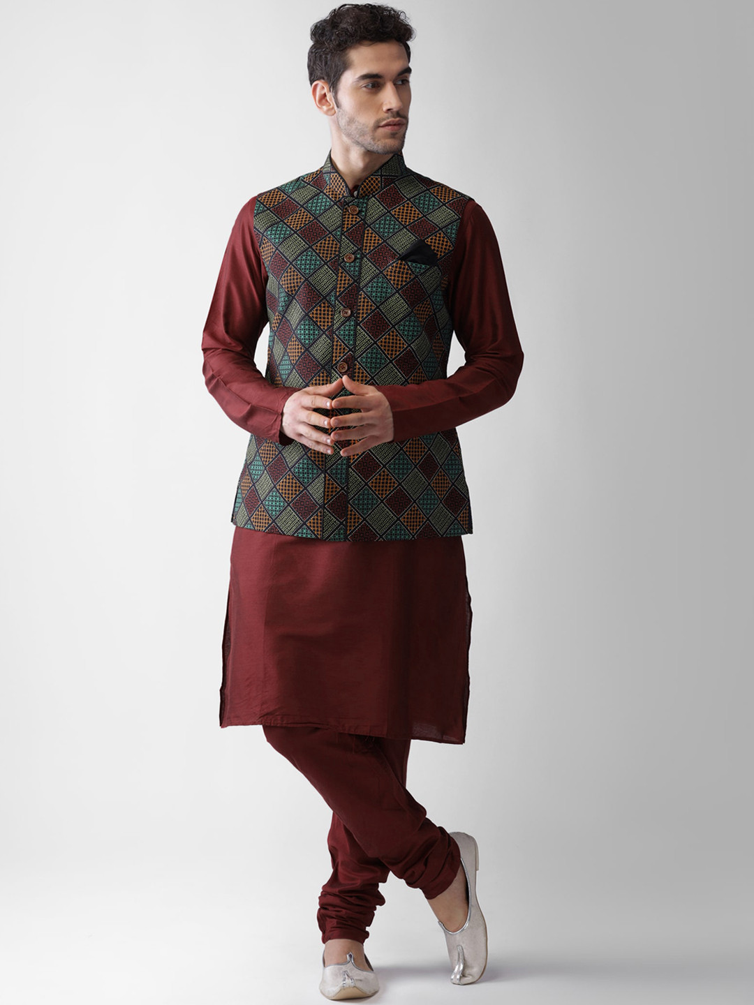 

KISAH Men Geometric Printed Regular Fit Kurta Jacket Churidar Set, Multi