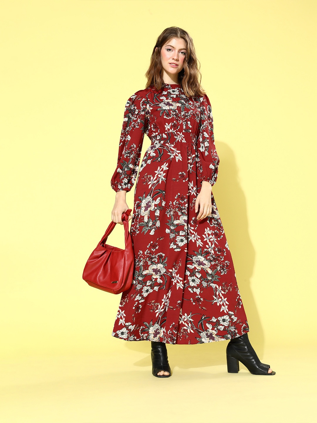 

Berrylush Women Charming Maroon Floral Puff Sleeves Dress