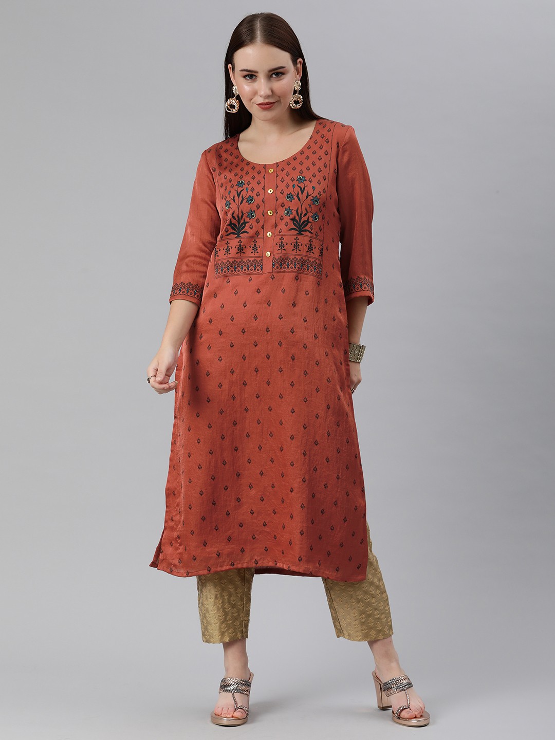 

ETIQUETTE Women Brown Ethnic Motifs Printed Silk Chanderi Kurta