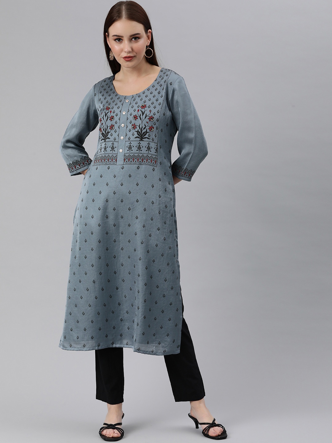 

ETIQUETTE Women Grey Ethnic Motifs Printed Indie Prints Chanderi Silk Chanderi Silk Kurta