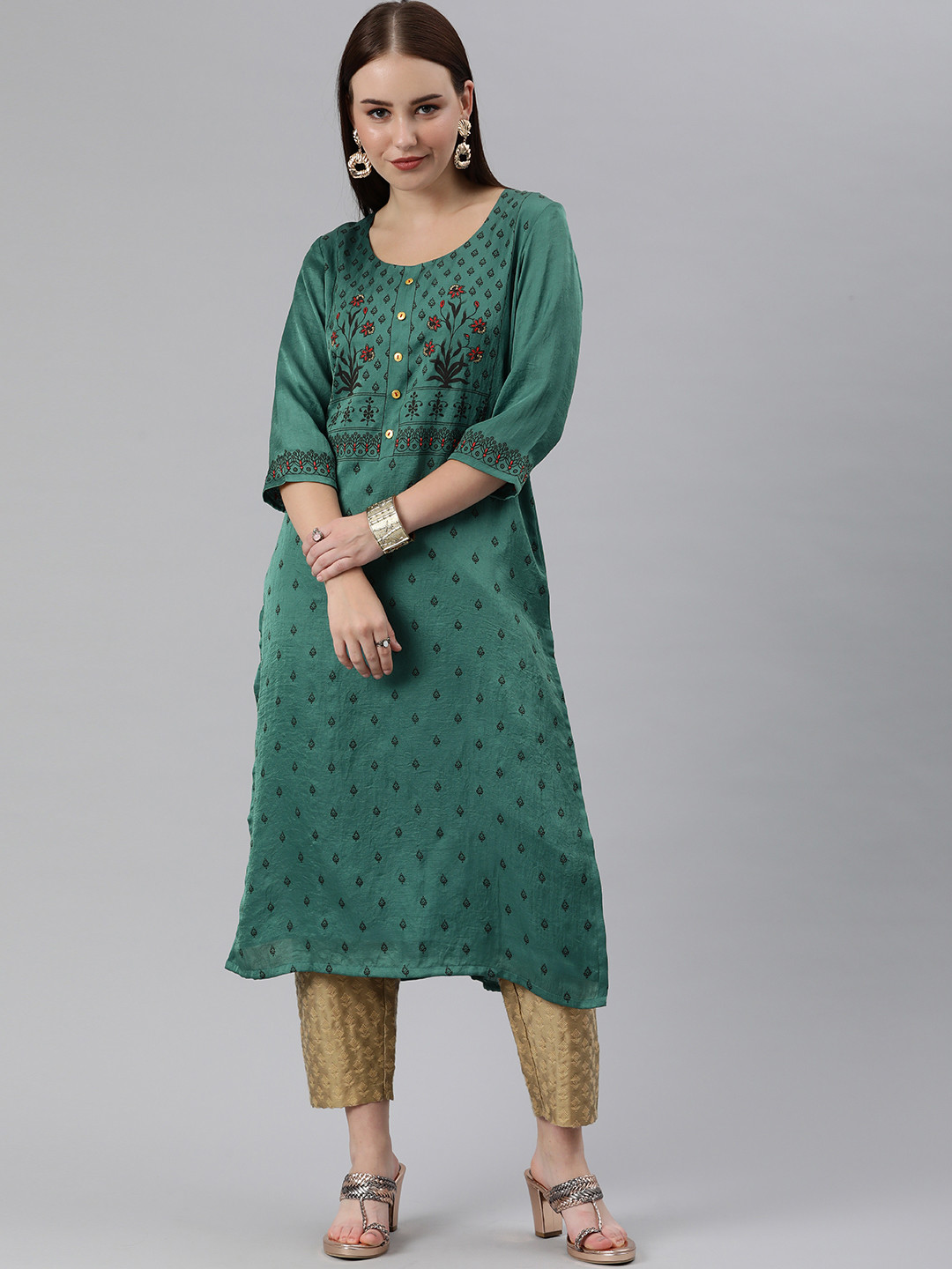 

ETIQUETTE Women Green Ethnic Motifs Printed Chanderi Silk Kurta