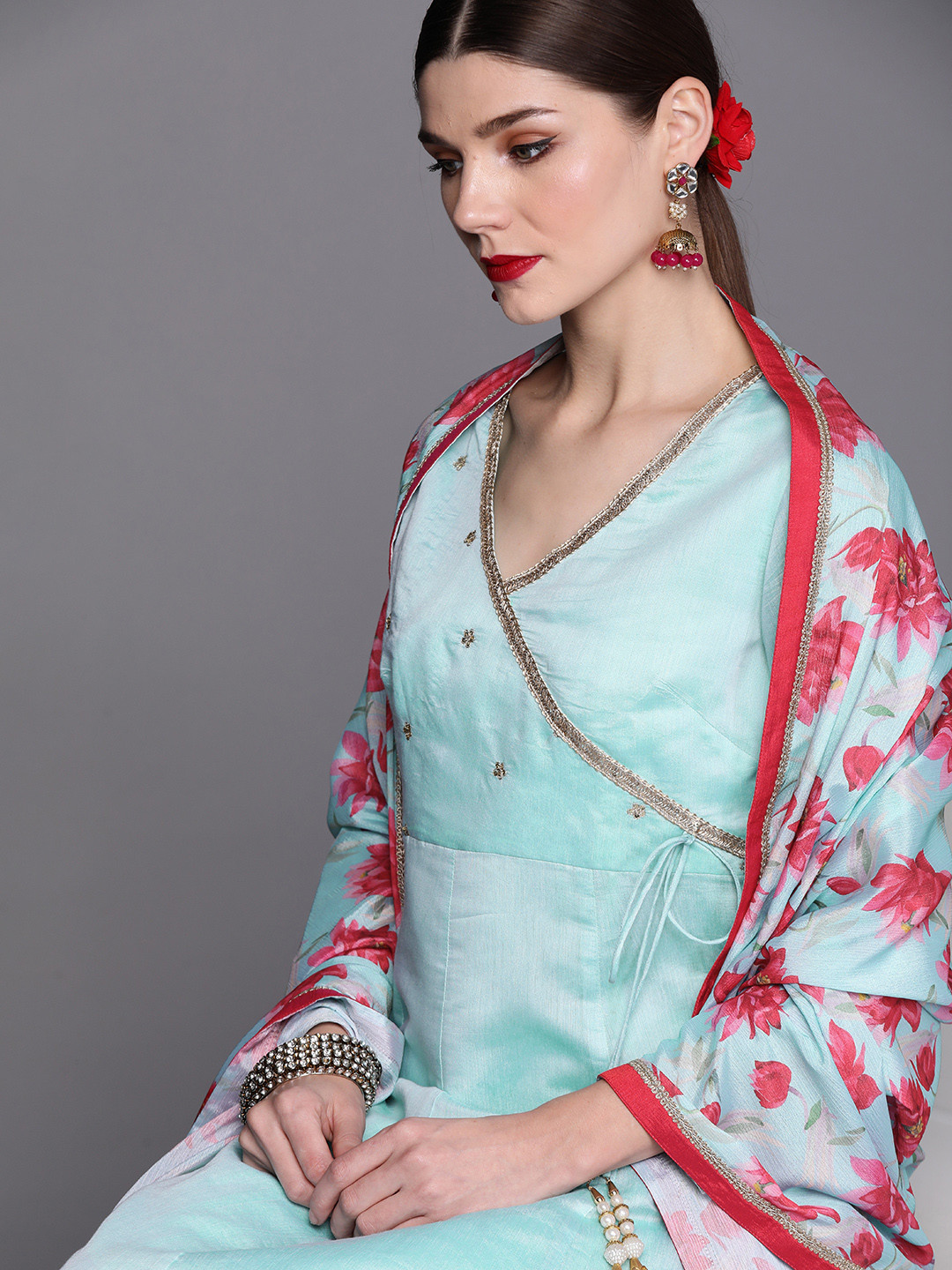 

Inddus Women Blue Embroidered Angrakha Chanderi Cotton Kurta with Palazzos & Dupatta