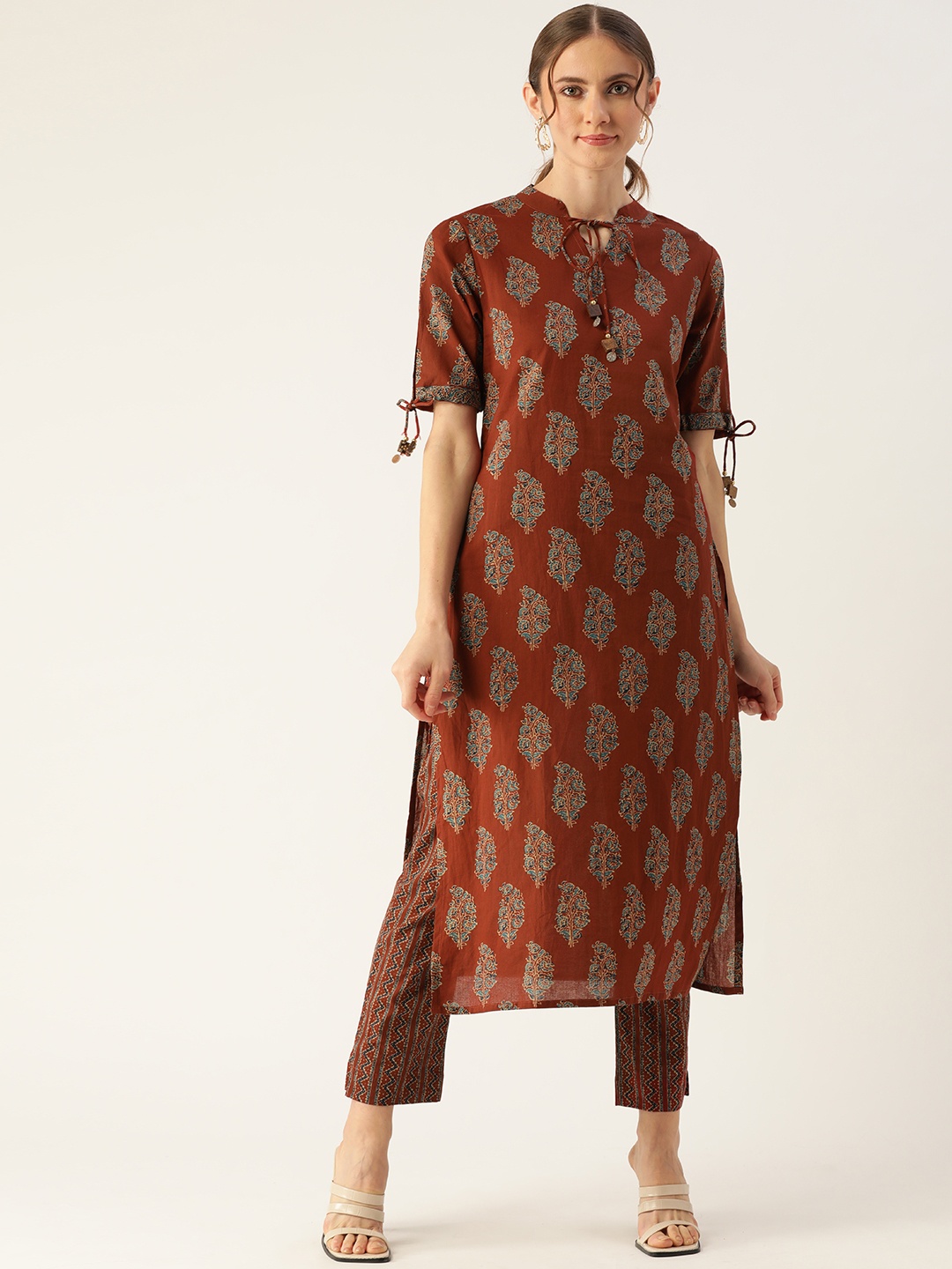 

FABRIC FITOOR Women Maroon Ethnic Motifs Printed Regular Pure Cotton Kurti with Trousers