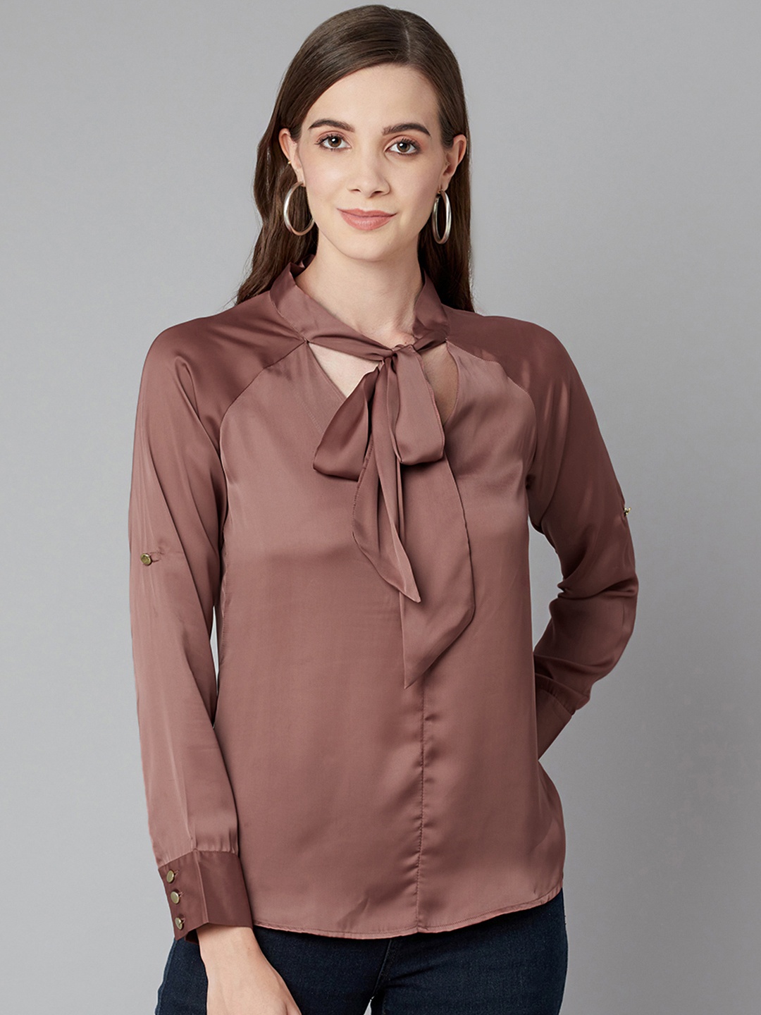 

Purple State Brown Tie-Up Neck Satin Regular Top