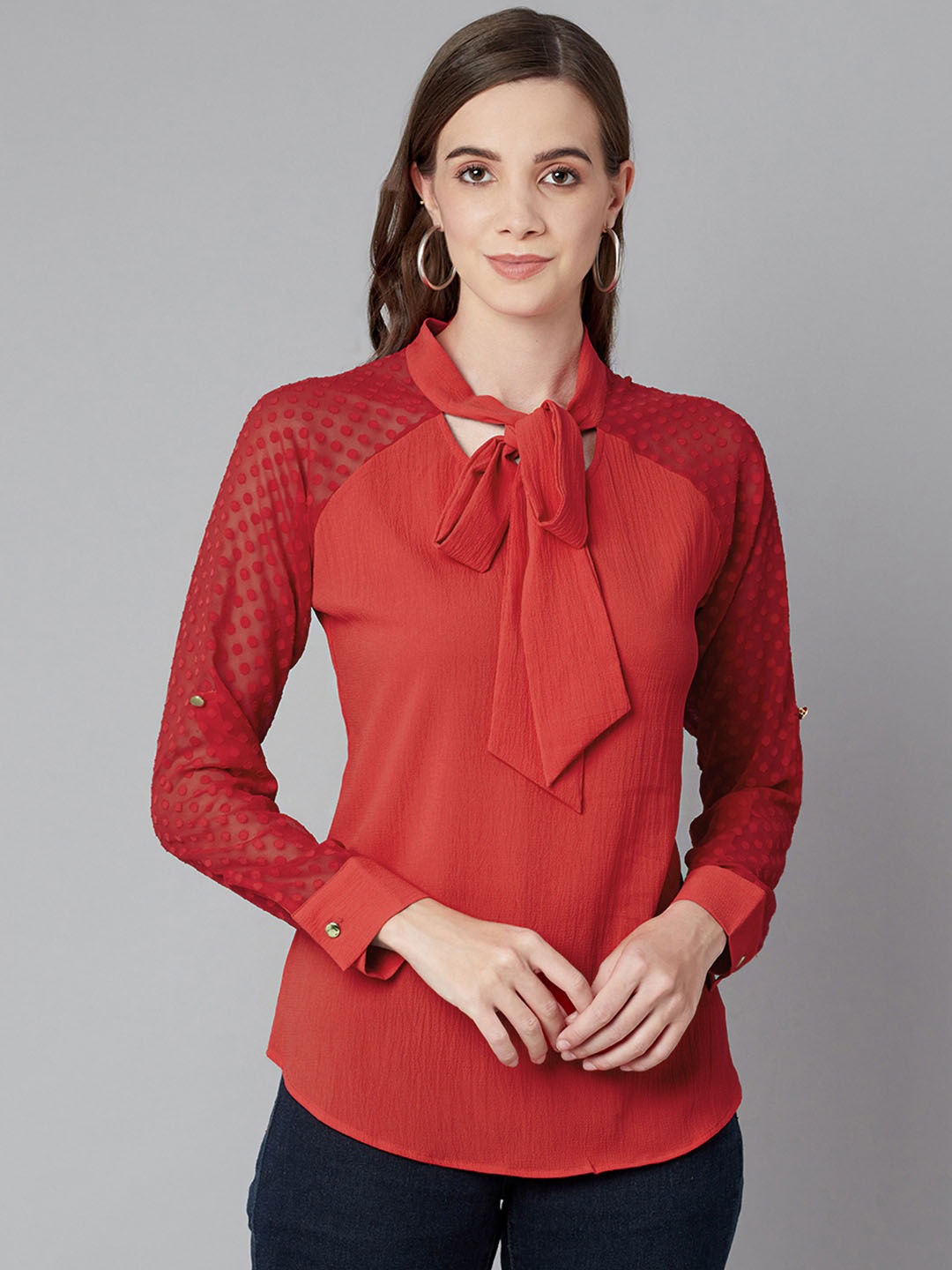 

Purple State Red Tie-Up Neck Georgette Regular Top