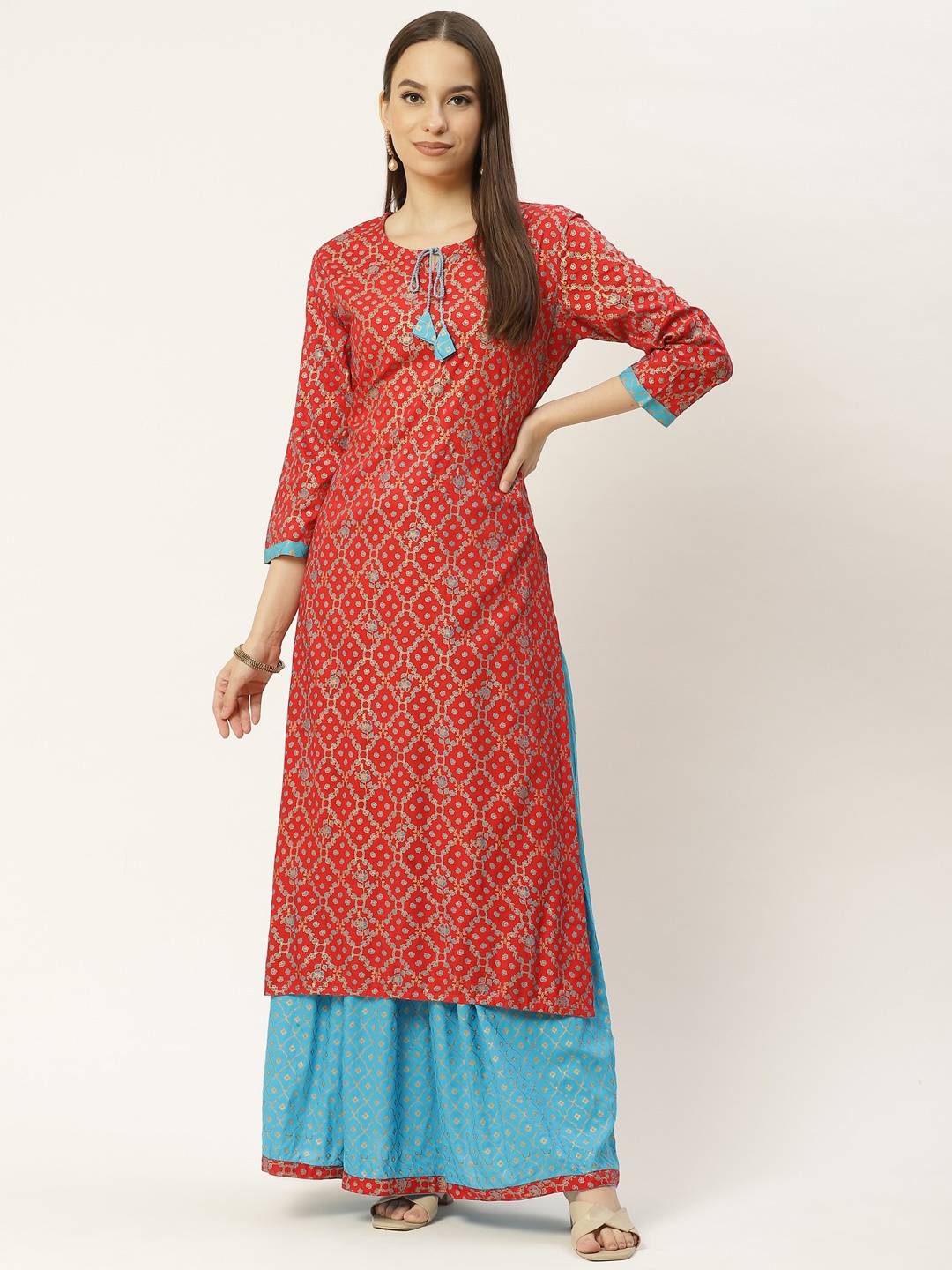 

Maaesa Women Red Floral Printed Regular Pure Cotton Kurta with Skirt
