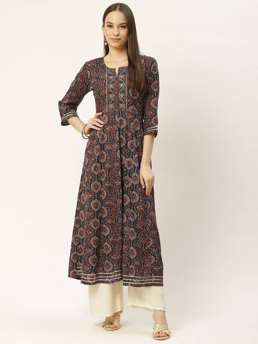 

Maaesa Blue & Red Ethnic Motifs Ethnic Maxi Dress