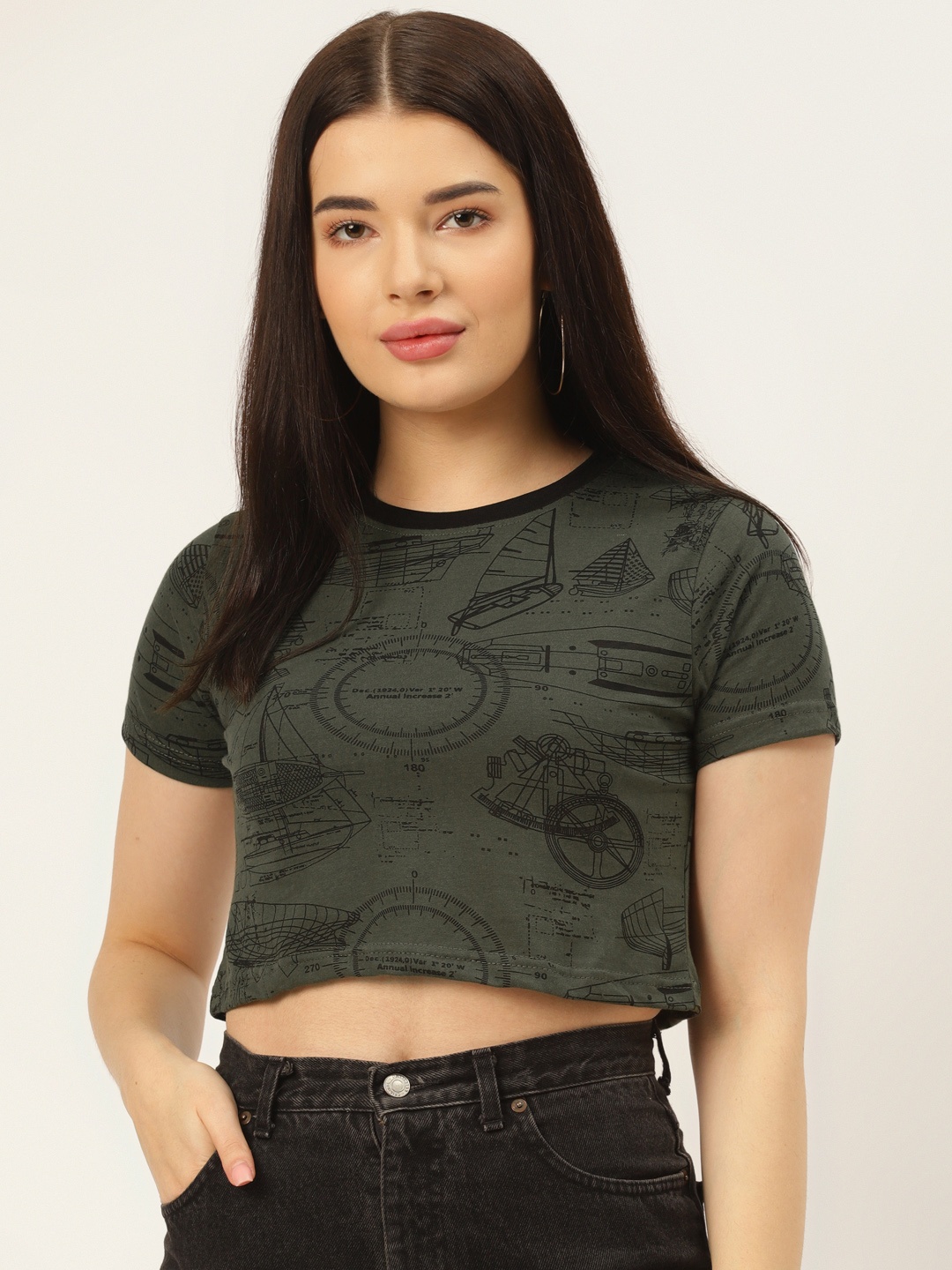 

Rodzen Women Green Printed Pure Cotton Slim Fit Pure Cotton T-shirt