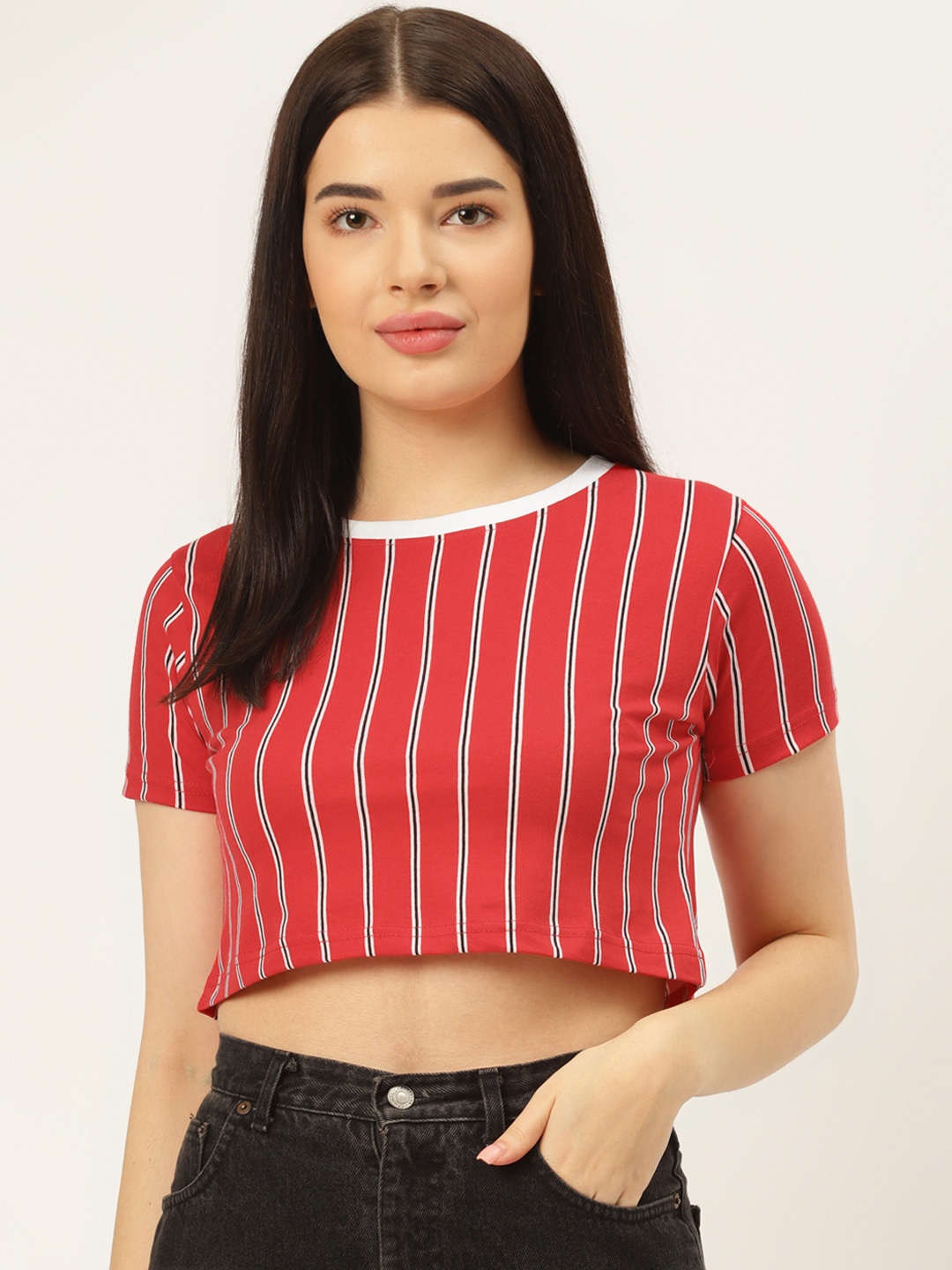 

Rodzen Women Red Striped Pure Cotton Slim Fit Pure Cotton T-shirt