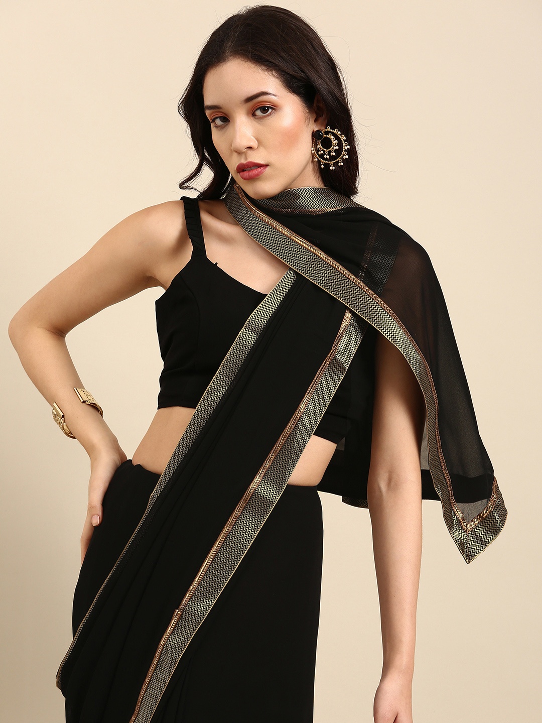 

Sangria Black & Gold-Toned Zari Saree