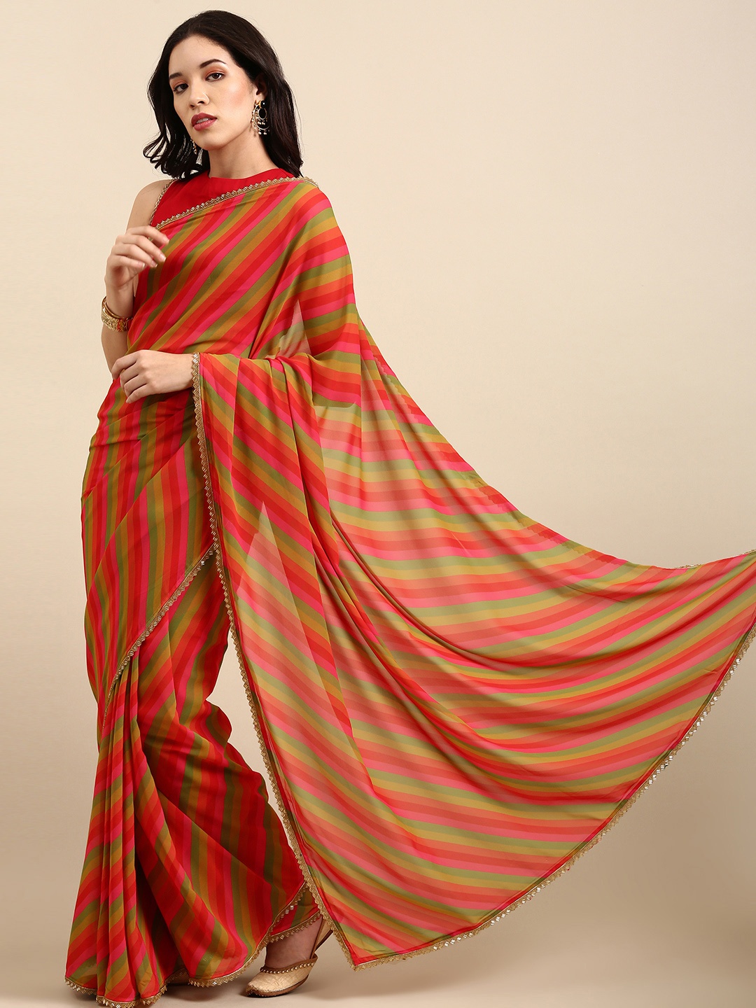 

Sangria Red & Green Leheriya Sequinned Saree