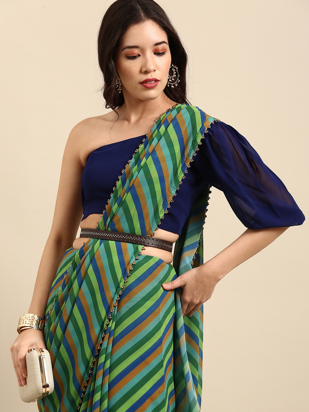 

Sangria Blue & Green Leheriya Beads and Stones Saree