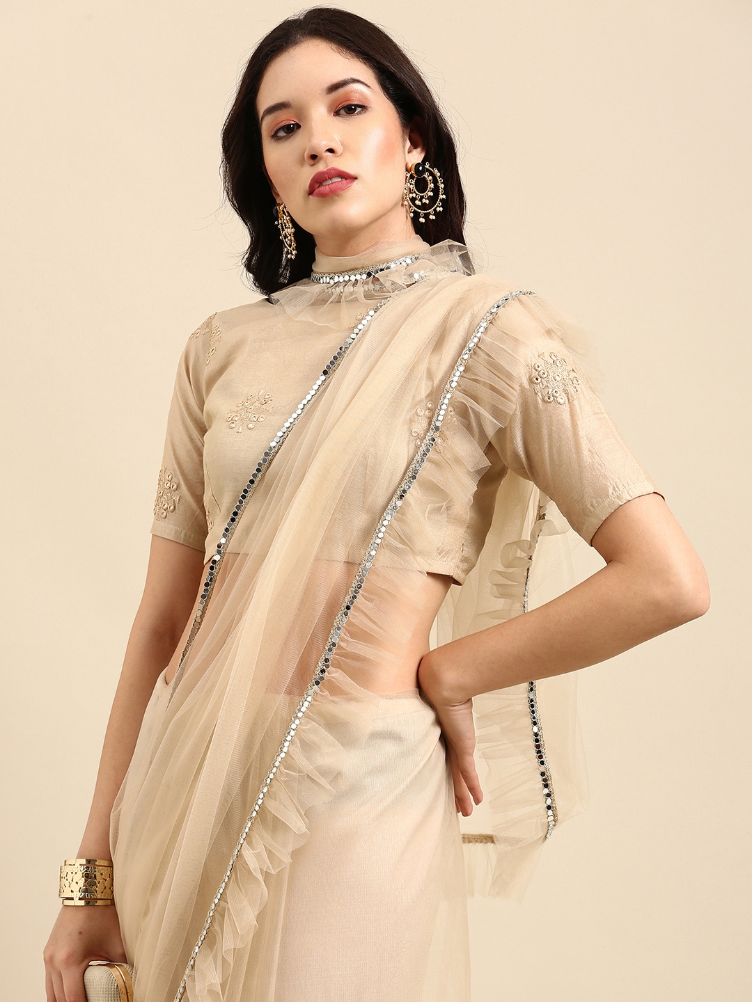 

Sangria Beige Mirror Work Net Saree