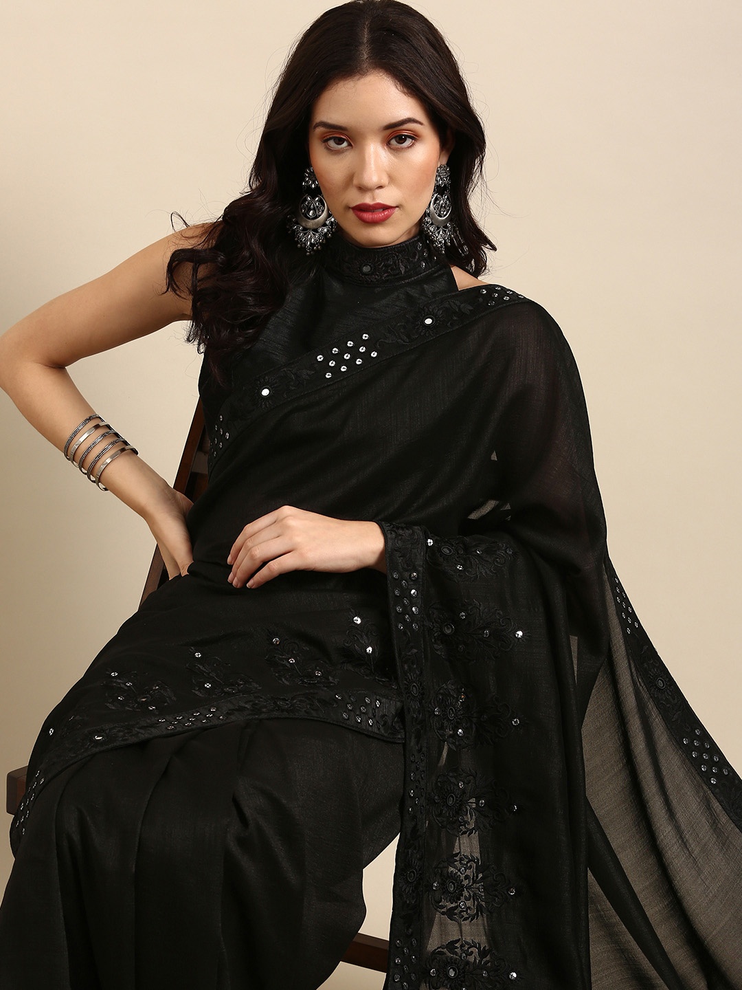 

Sangria Black Ethnic Motifs Sequinned Silk Blend Saree