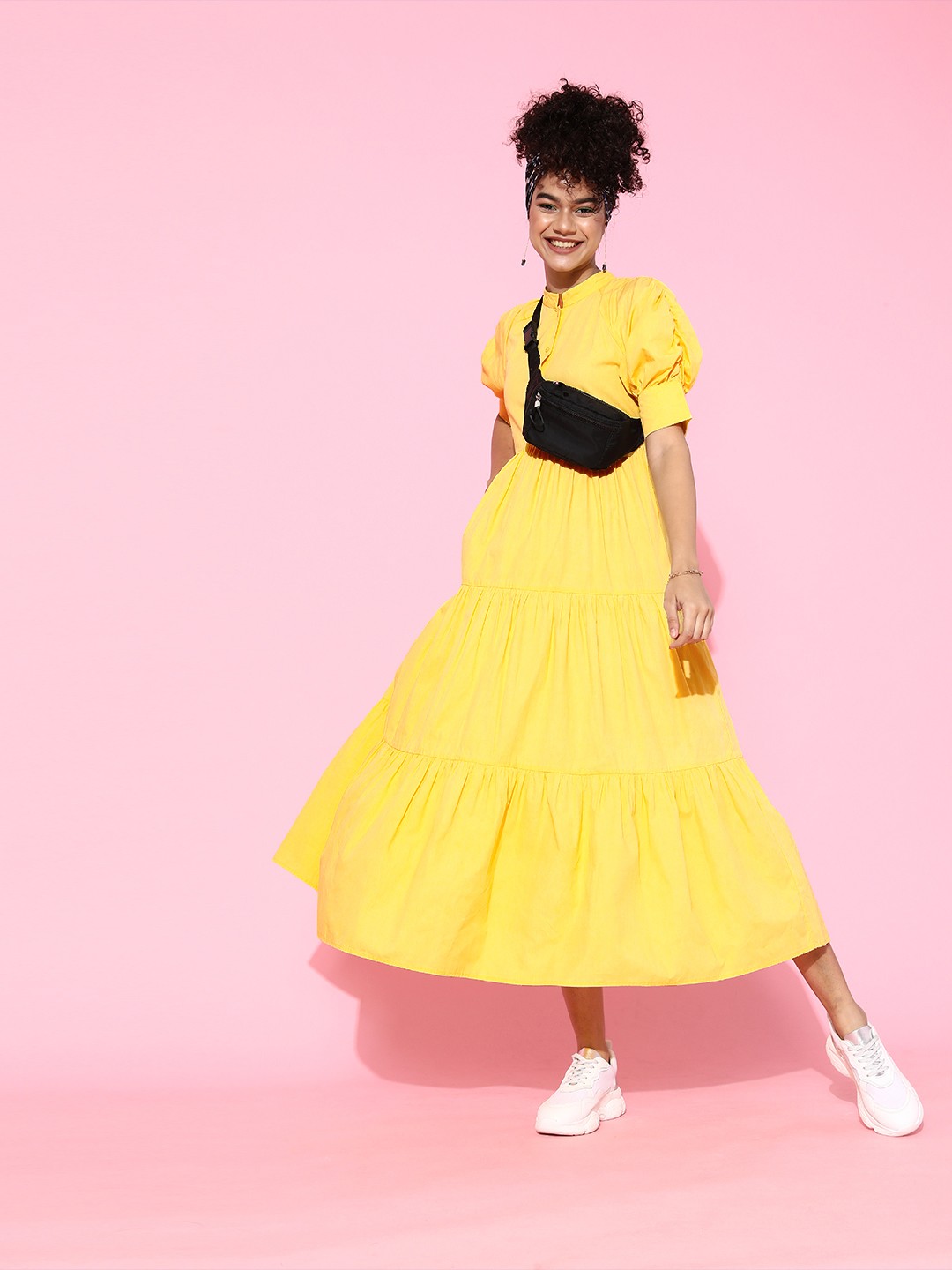 

ANI Women Bright Yellow Solid Tiered Dress