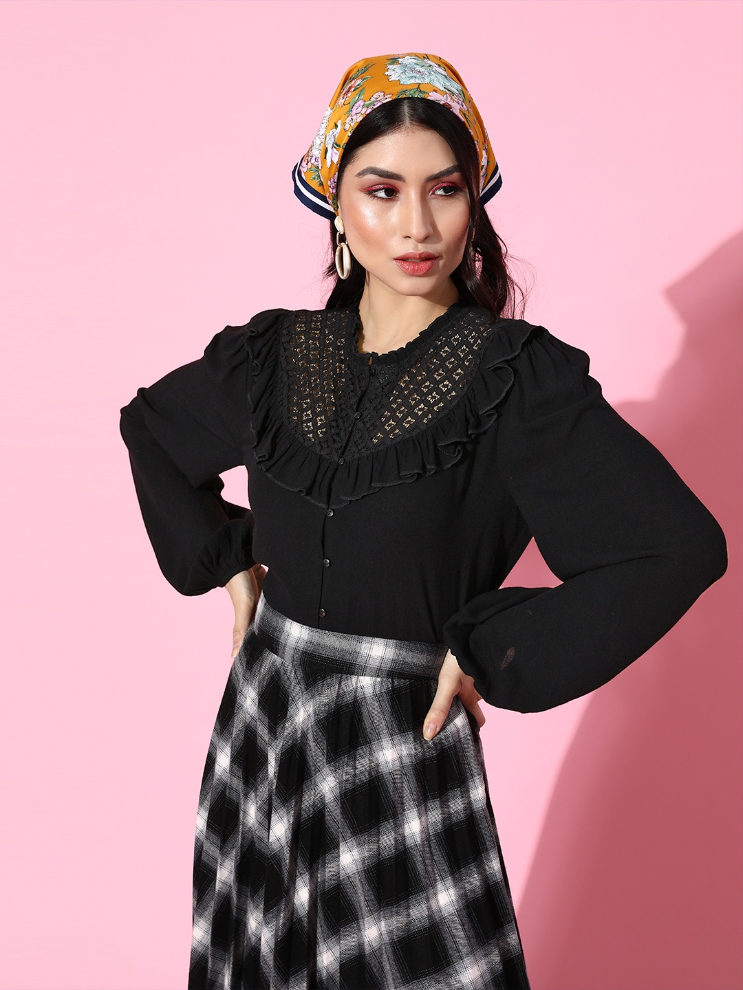 

EVERYDAY by ANI Women Black Solid Above the Keyboard Collar Shirt