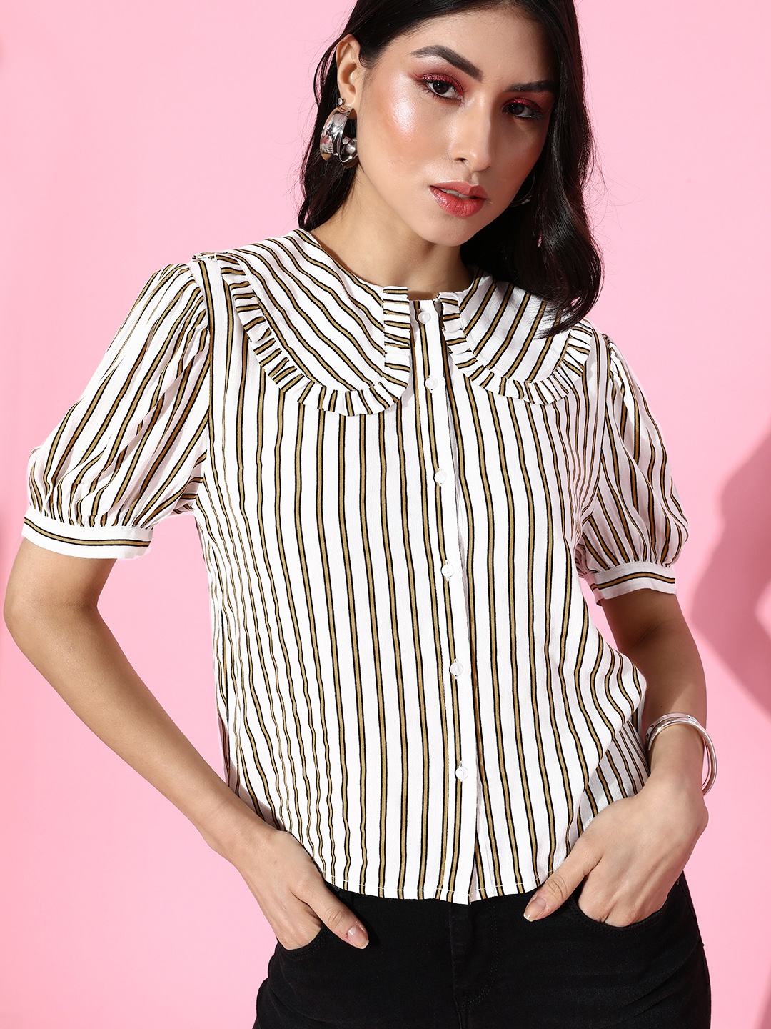 

ANI Women Beautiful Off-White Vertical Striped Peter Pan Collar Shirt