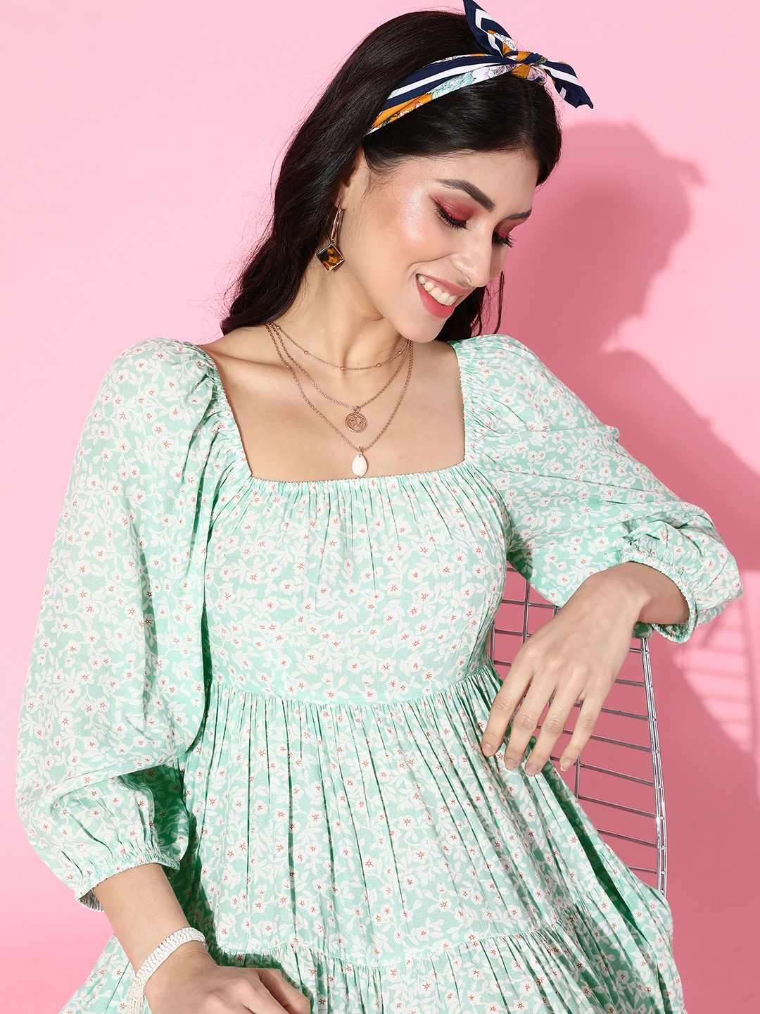 

EVERYDAY by ANI Women Enchanting Sea Green Floral Tiered Dress