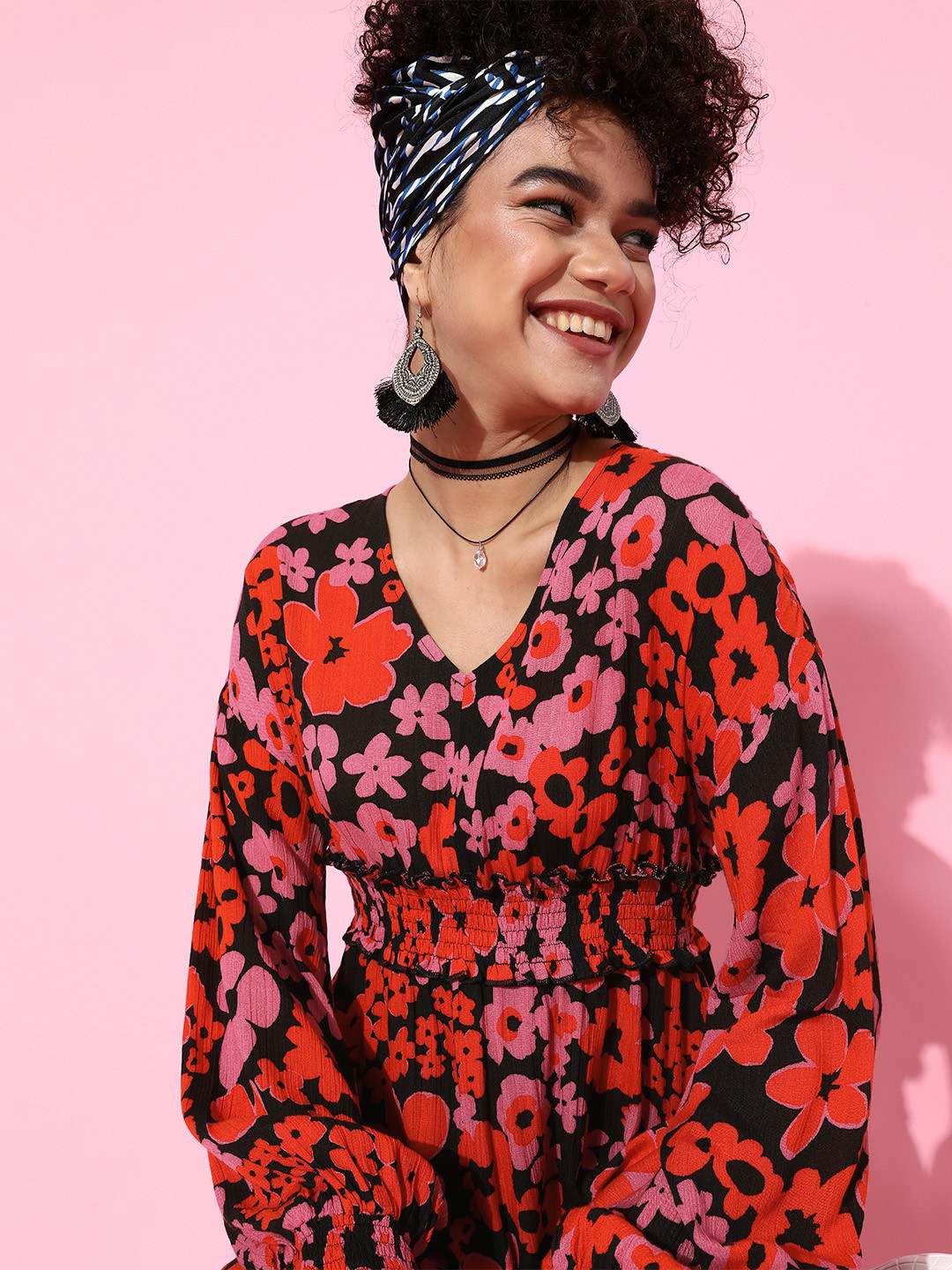 

ANI Women Red Floral Cinched Waist Dress