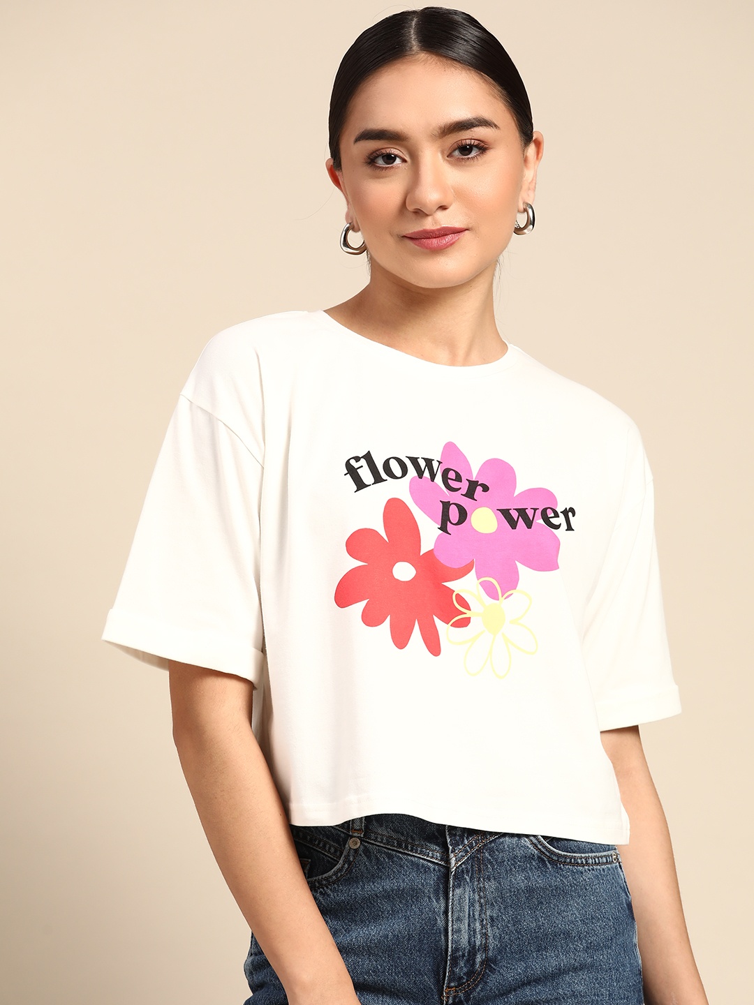 

COVER STORY Women White Typography Printed T-shirt