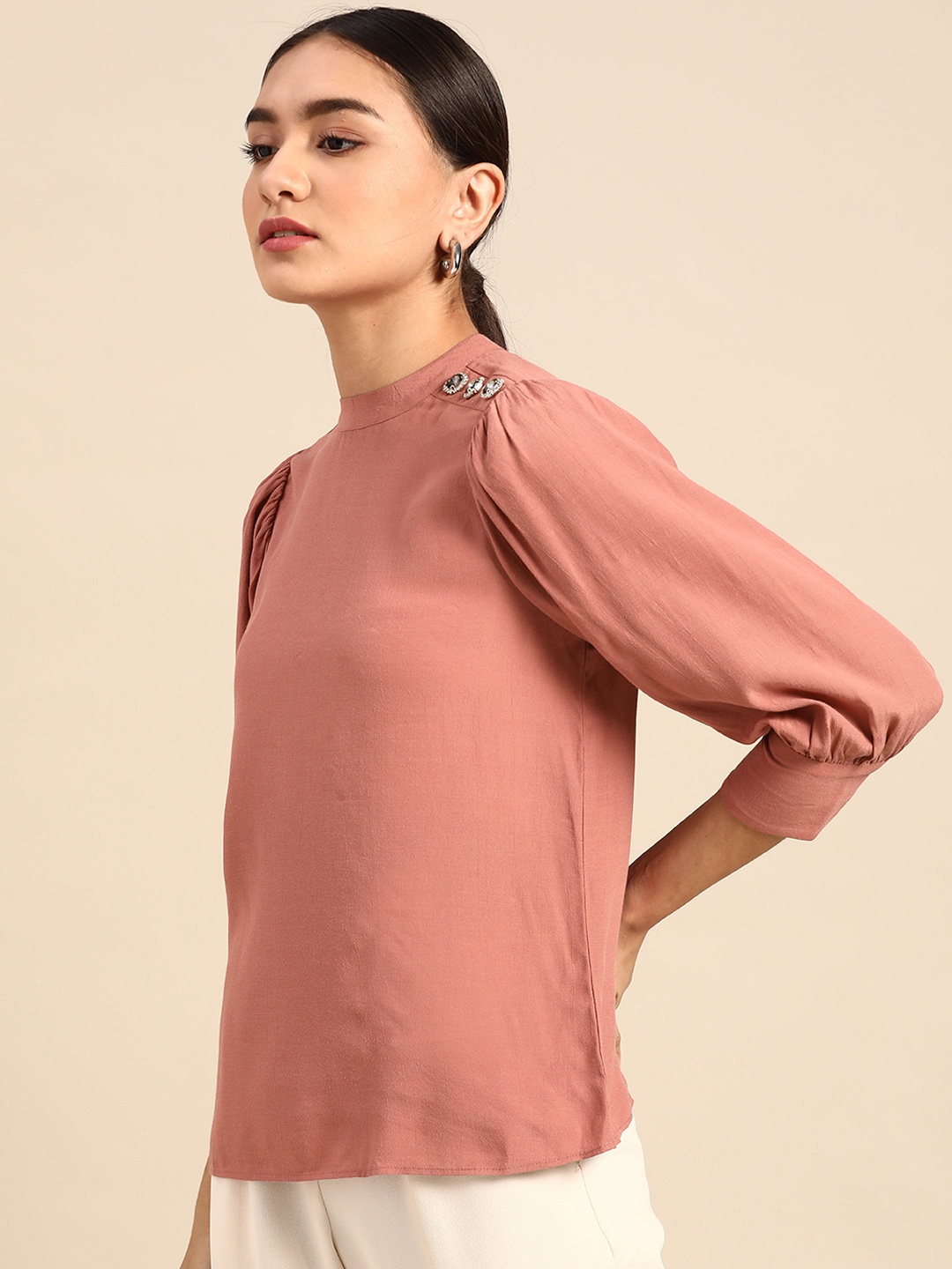 

COVER STORY Pink Solid Bishop Sleeves Regular Top