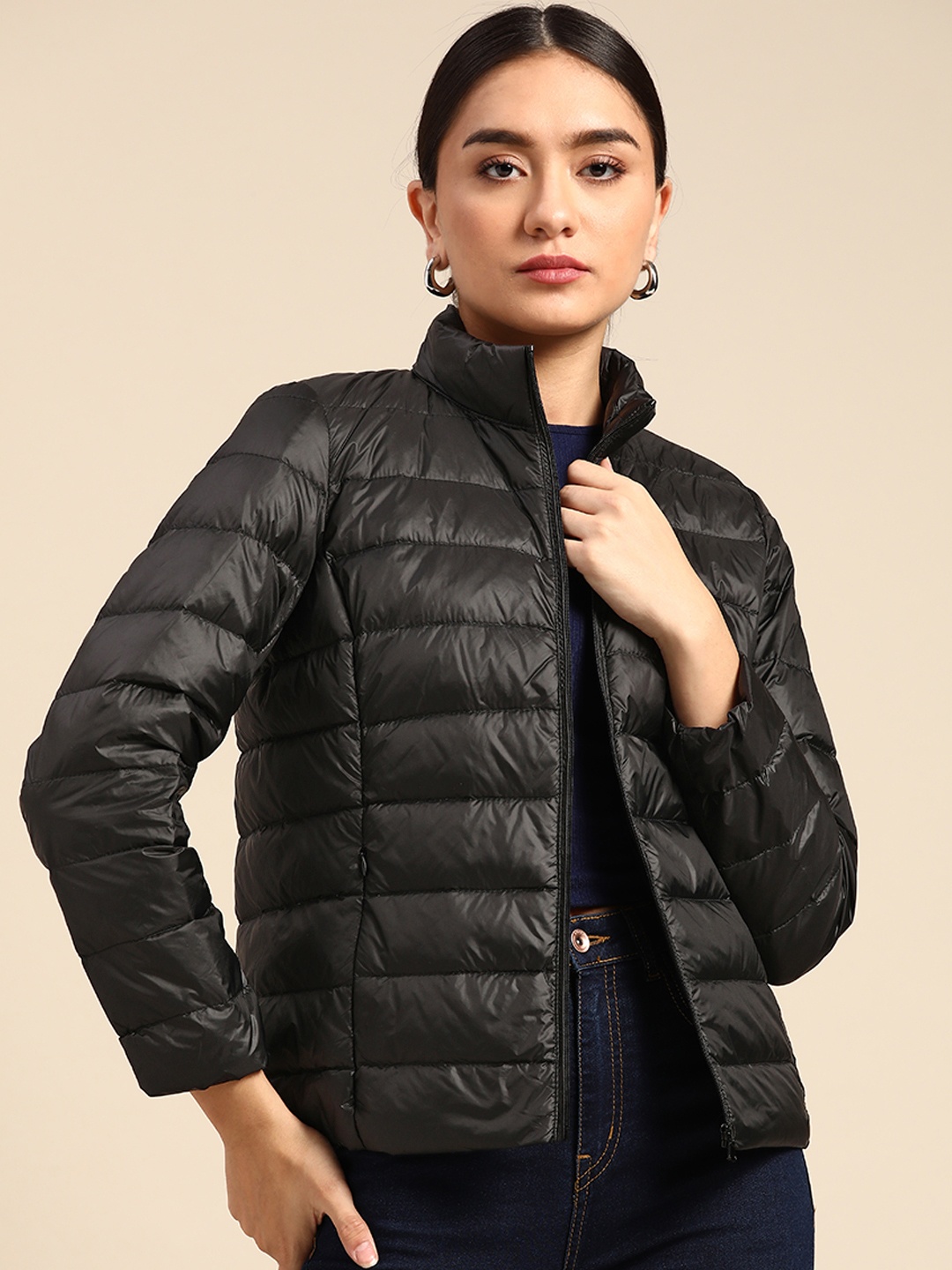

COVER STORY Women Black Solid Lightweight Puffer Jacket