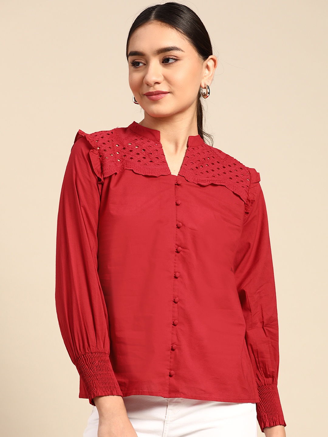 

COVER STORY Red Mandarin Collar Shirt Style Top