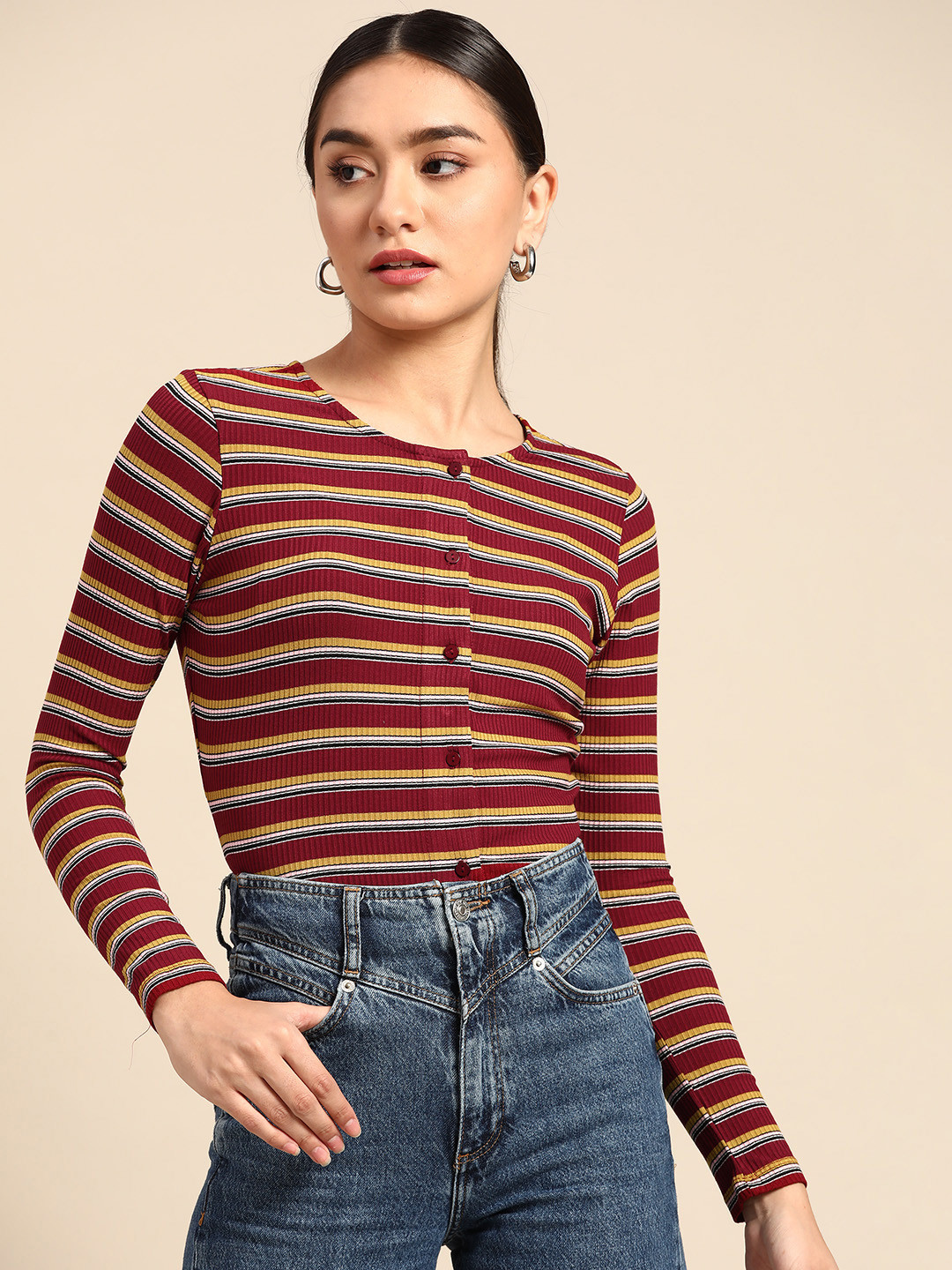 

COVER STORY Women Maroon & Mustard Yellow Striped Slim Fit T-shirt