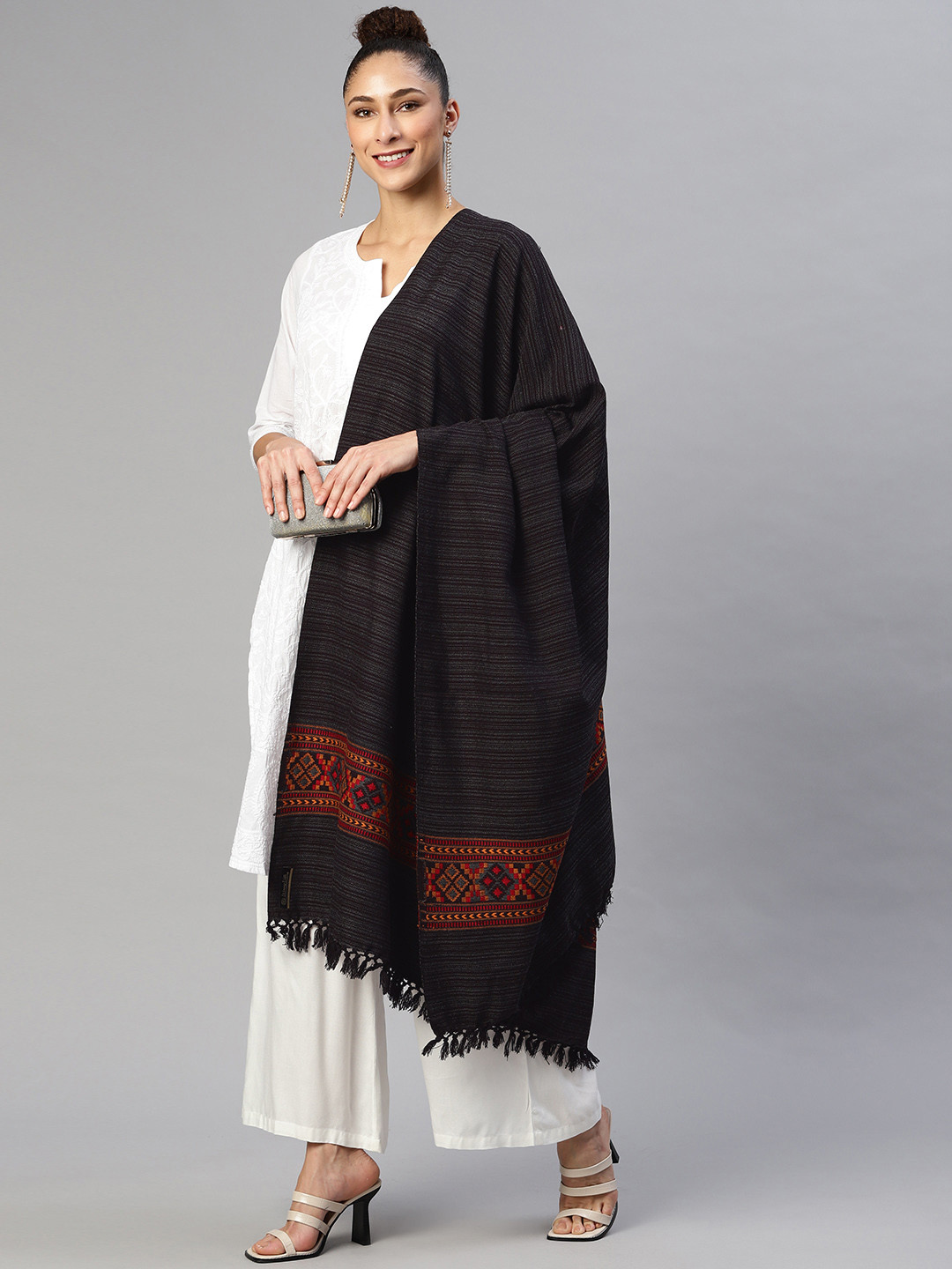 

WEAVERS VILLA Women Black Woven Striped Shawl