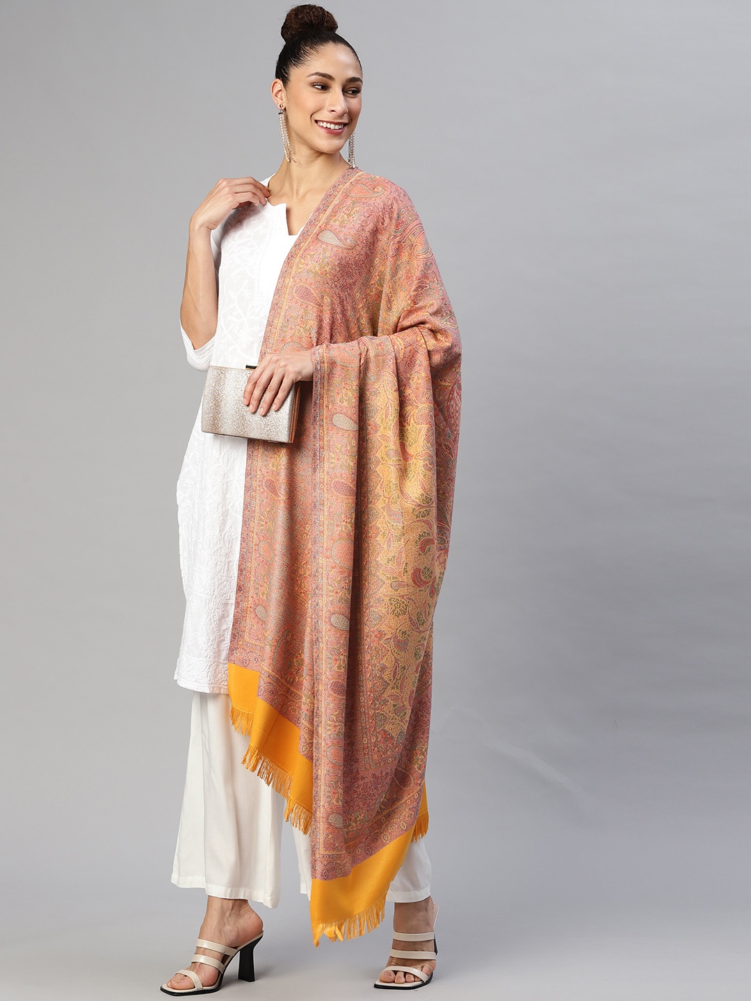 

WEAVERS VILLA Women Mustard Yellow Paisley Woven Design Shawl