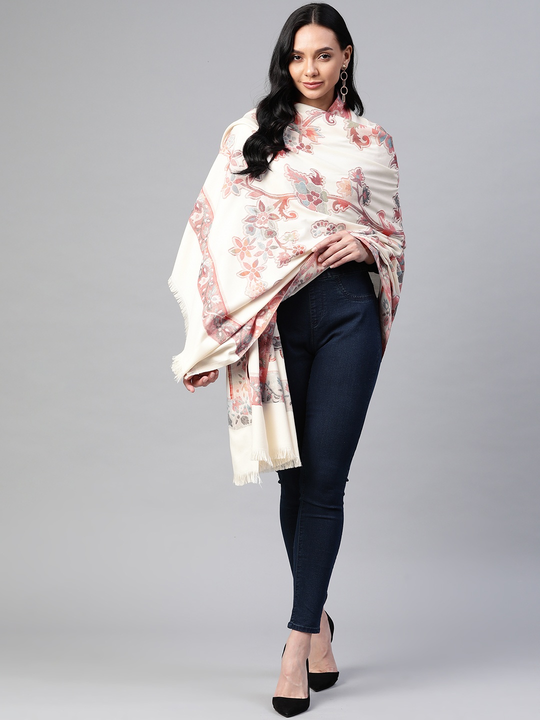 

WEAVERS VILLA Women White & Peach-Coloured Floral Woven Design Fusion Shawl