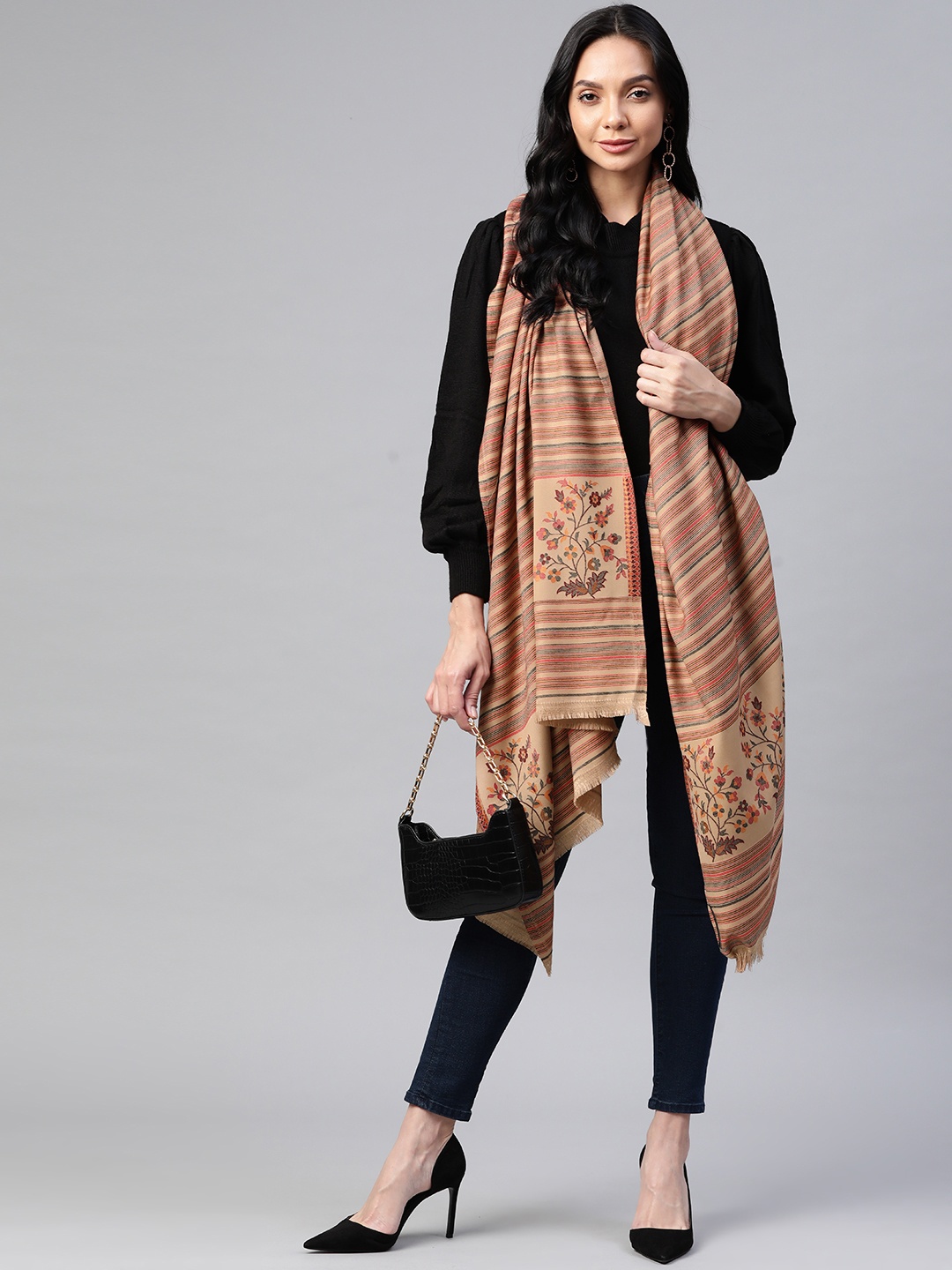 

WEAVERS VILLA Women Beige Woven Striped Fusion Shawl