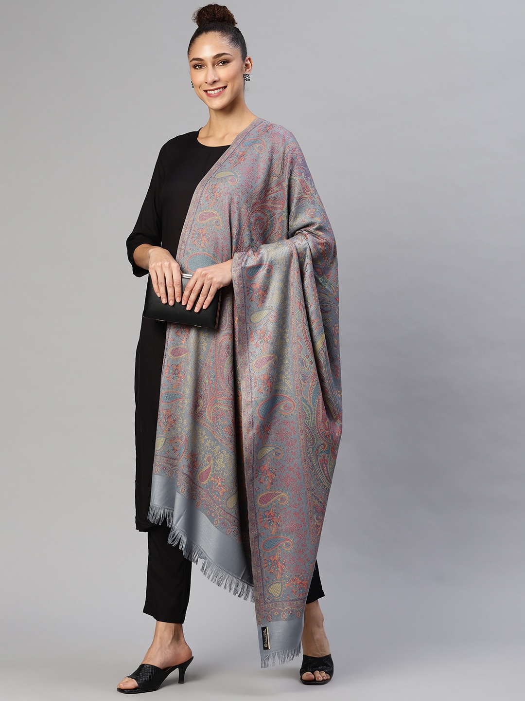 

WEAVERS VILLA Women Grey Ethnic Motifs Woollen Shawl