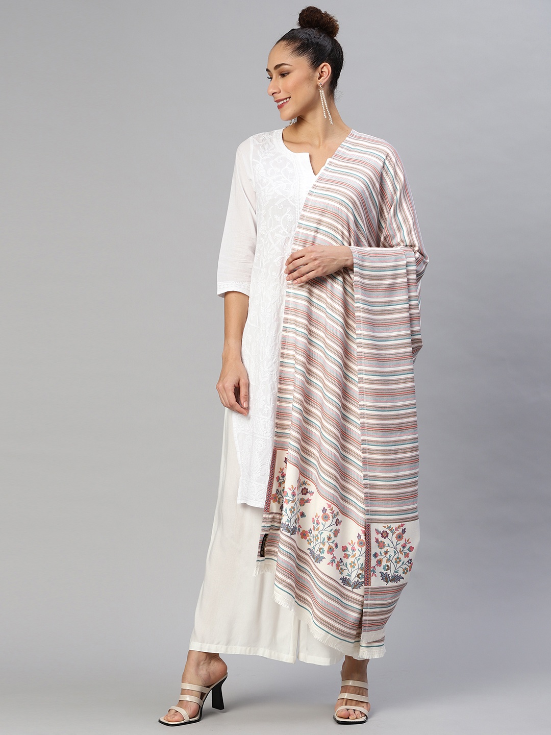 

WEAVERS VILLA Women White & Blue Striped Woven Design Shawl