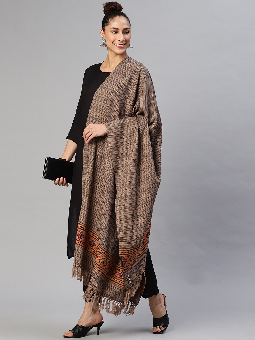 

WEAVERS VILLA Women Beige Striped Woven Design Shawl