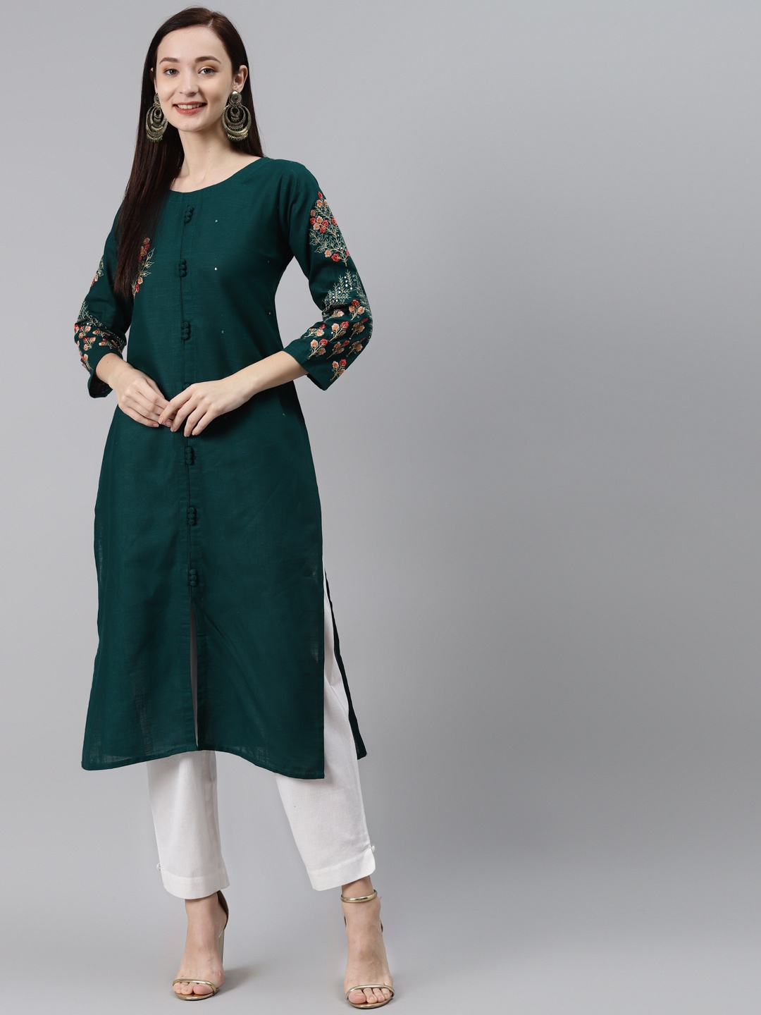 

INDYES Women Green Floral Embroidered Thread Work Floral Kurta